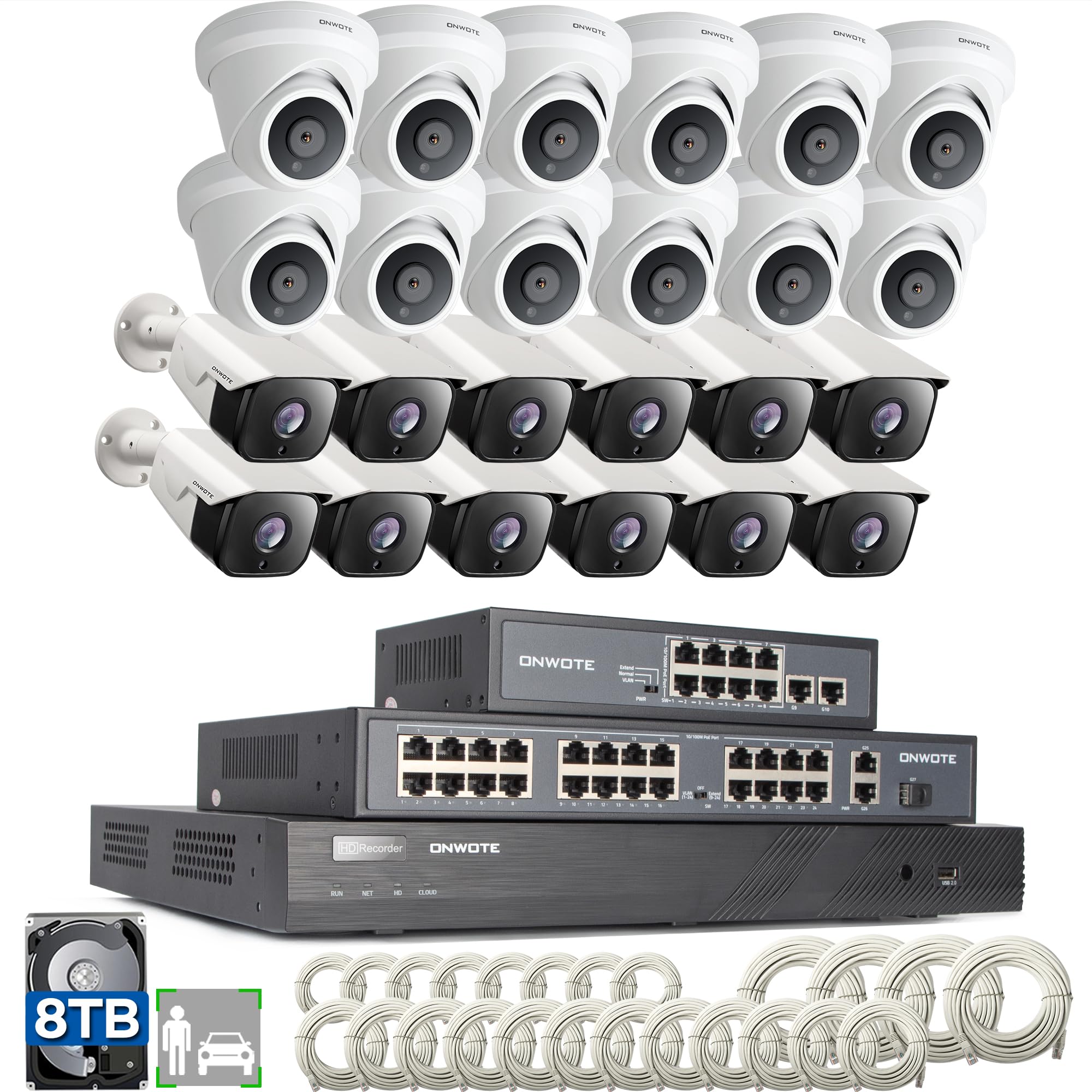 Onwote 32 Channel Security Camera System Poe, 4K 32Ch Nvr 8Tb, 32 Ports Switch, 24X 6Mp Outdoor Audio Poe Ip Cameras, Ai Human Vehicle Detection, 24X Cables 2280Ft, Commercial Cctv For Business