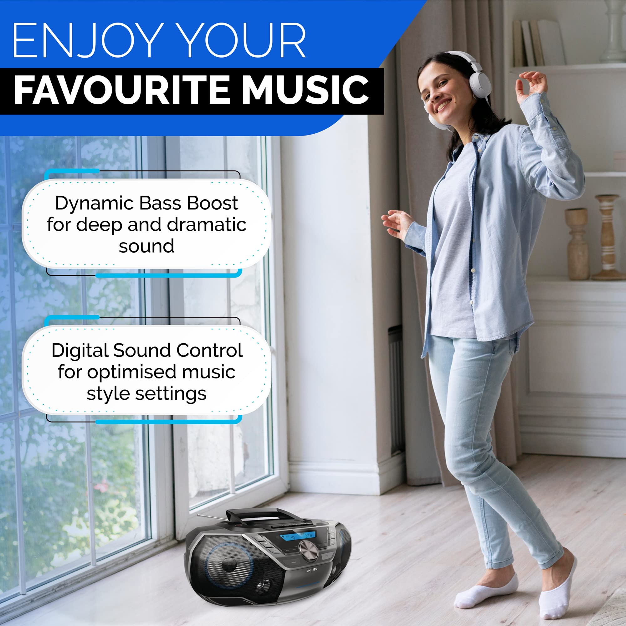 Philips Portable Cd Player Bluetooth With Cassette All In One Powerful Stereo Boombox For Home With Mega Bass Reflex Speakers, R