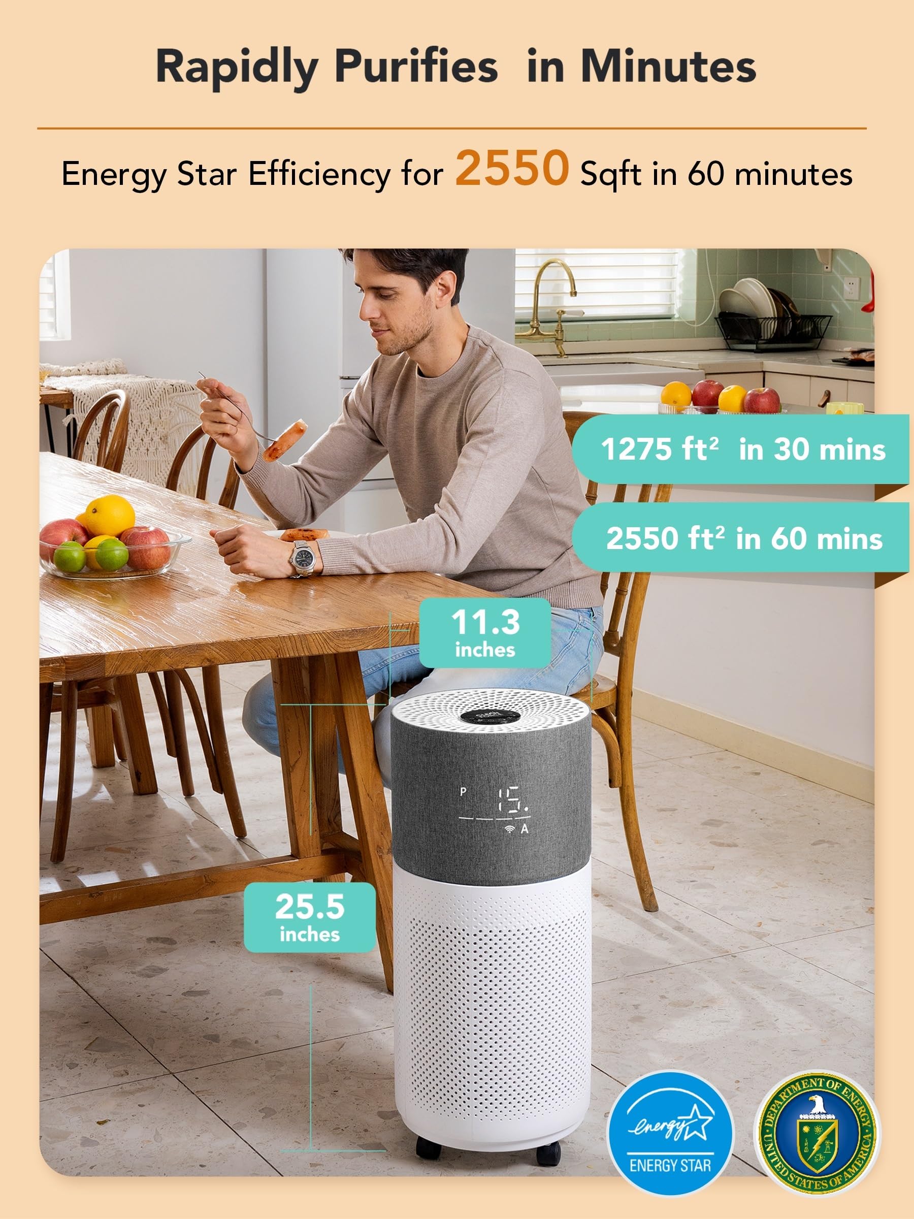 Cleanforce Air Purifiers For Home Large Room Up To 2550 Ft, Hepa Air Purifier Air Cleaner With Wifi For Dust, Allergens, Pollen,