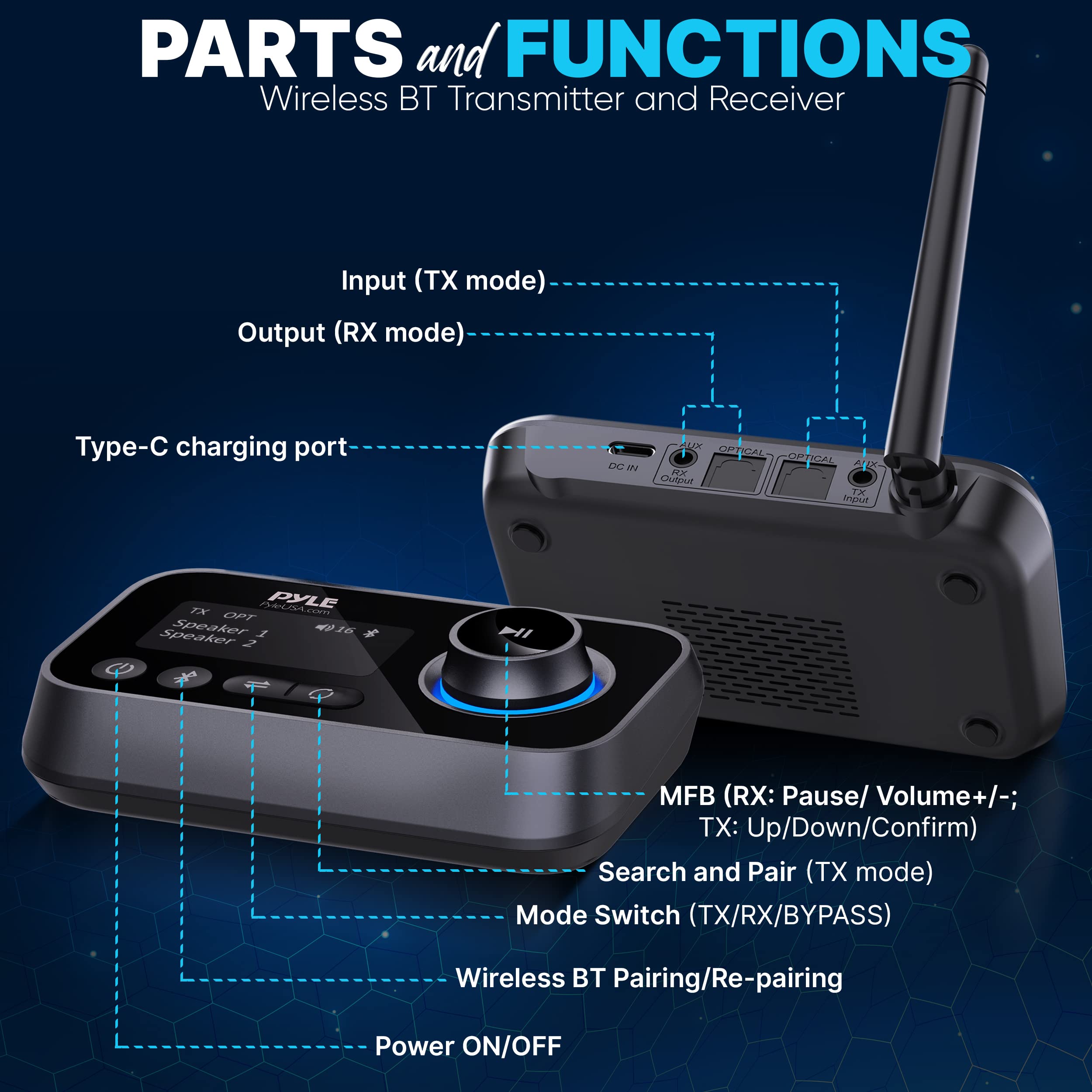 Pyle Wireless Bluetooth Transmitter Receiver - Audio Transmitting Box For Tv Home Stereo, Lcd Display, Optical, And Aux Audio Ja