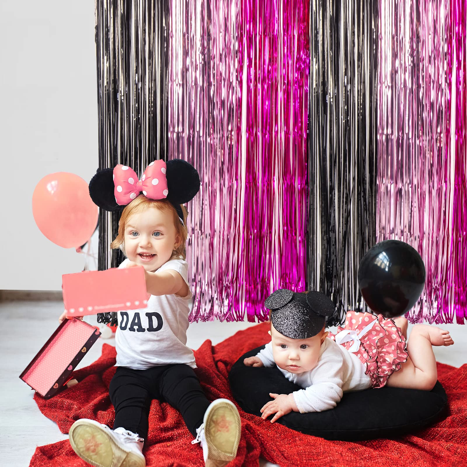 Lolstar 3 Pack Minnie Birthday Party Supplies,3.3X6.6 Ft Black Pink Fuchsia Tinsel Foil Fringe Curtains,Cartoon Mouse Photo Boot