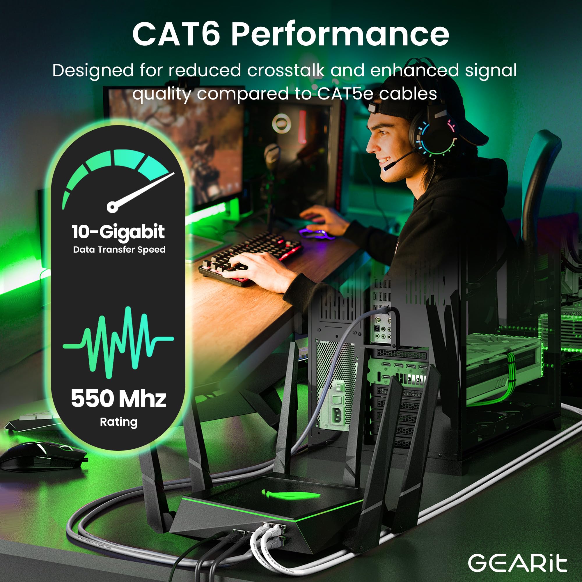 Gearit Cat 6 Ethernet Cable (10-Pack 7 Feet) Cat6 Network Patch, 10Gbps, Rj45, Snagless Cord, Gold-Plated Connectors, Internet F