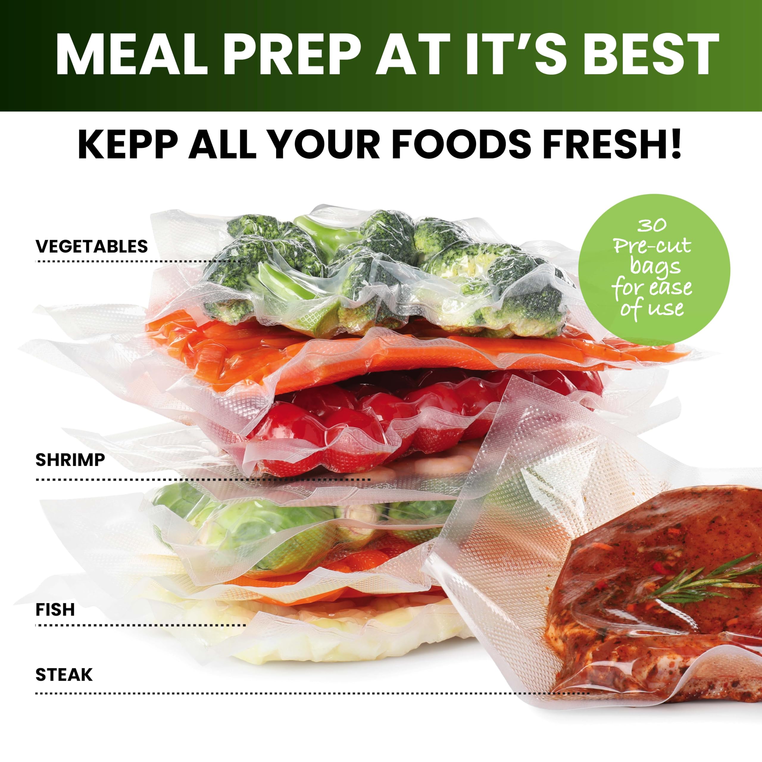 Instaseal Vacuum Sealer Bags For Food, 1 Roll 8'' X 20 Ft + 1 Roll 11'' X 20 Ft + 30 Pre Cut Vacuum Seal Bags For Food, Works Wi