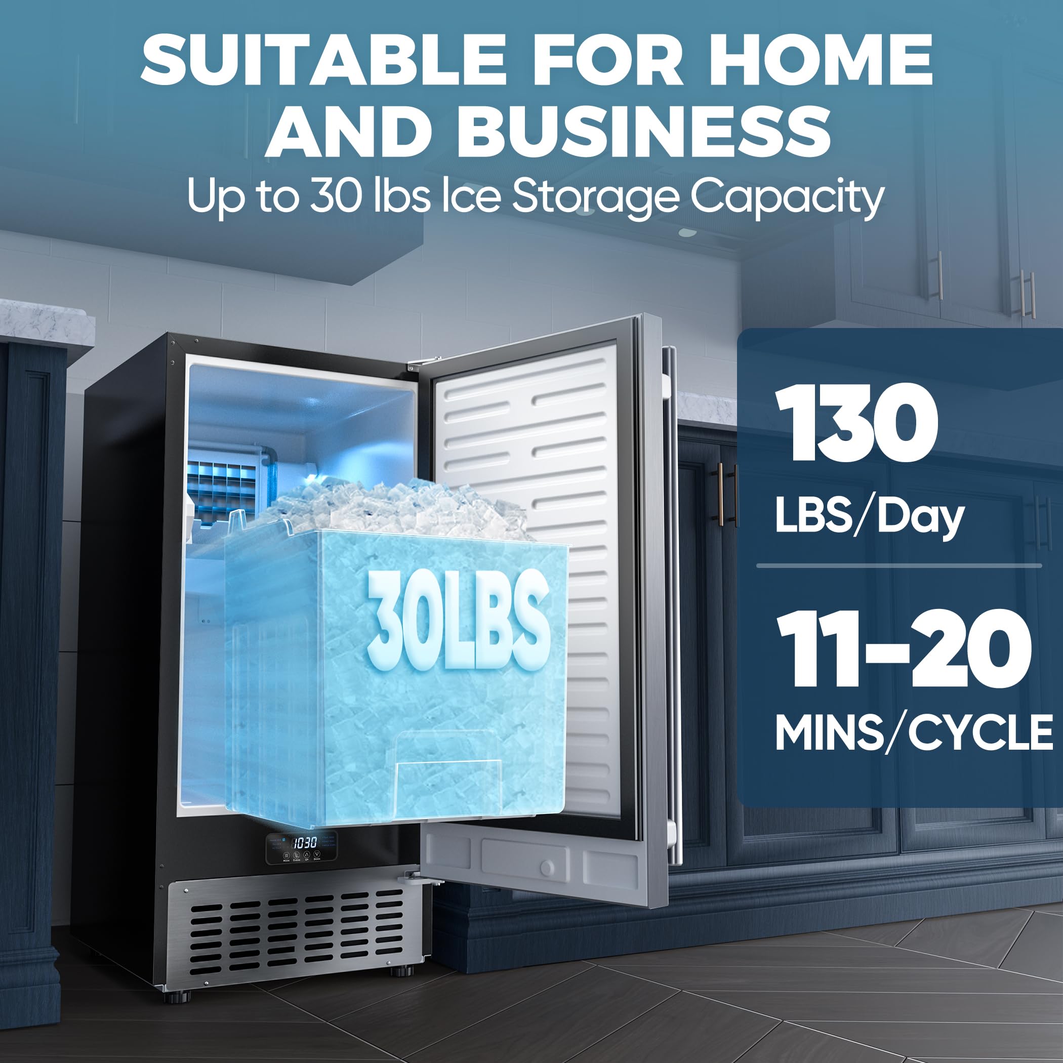 Coolski Commercial Under Counter Ice Maker Machine, 130Lbs/Day With 30Lbs Ice Storage, Stainless Steel Built-In Freestanding Ice