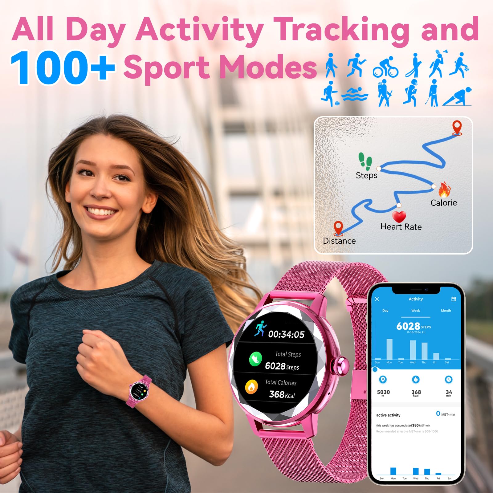 Smart Watch For Women With Make/Answer Call, 1.2 '' Adjustable Fitness Watch With Heart Rate Sleep Monitor Female Cycle And 100+