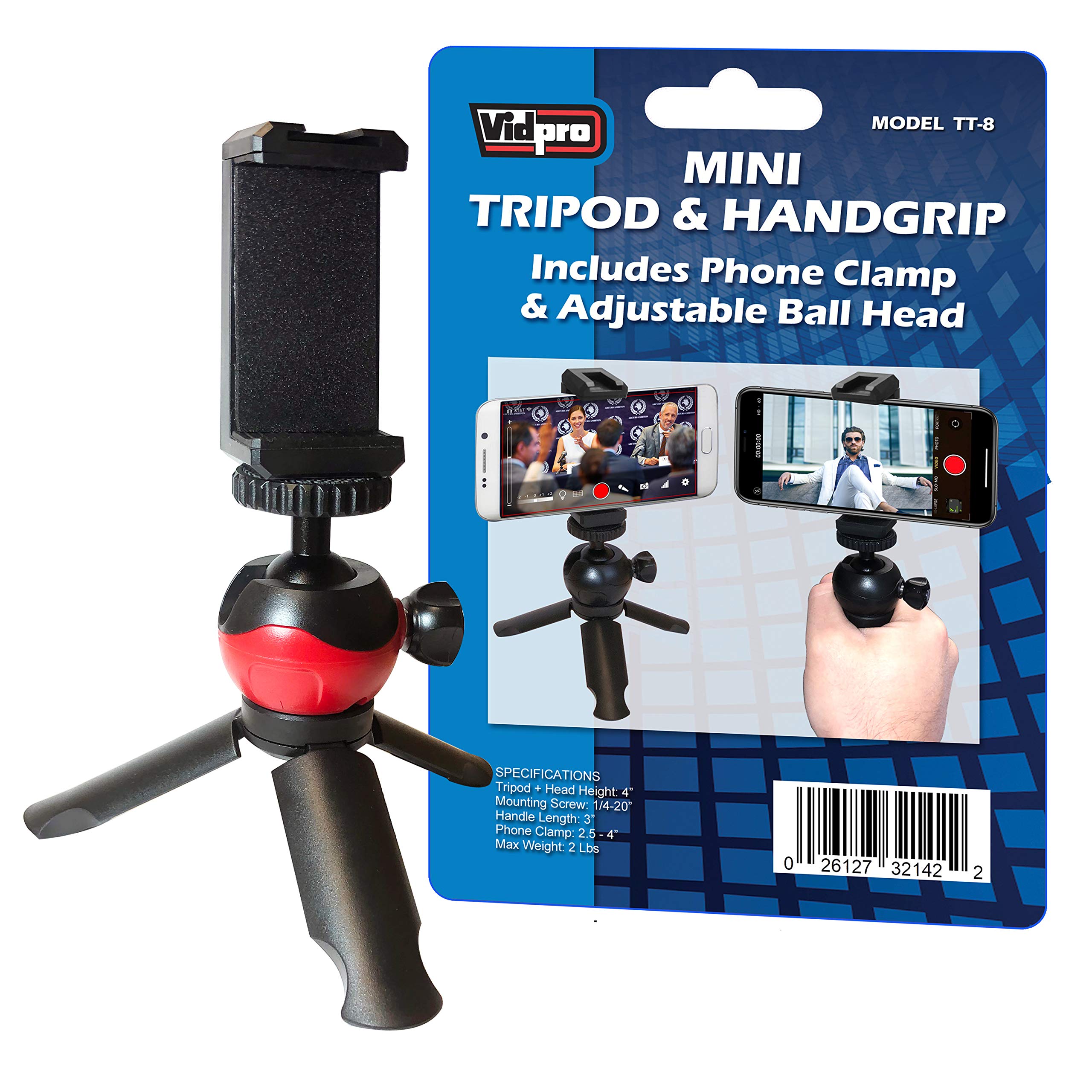 Vidpro TT8 Mini Tripod and Handgrip with Ball Head for Smartphones and Cameras. for Camcorders, Small DSLRs, Mirrorless and Pho