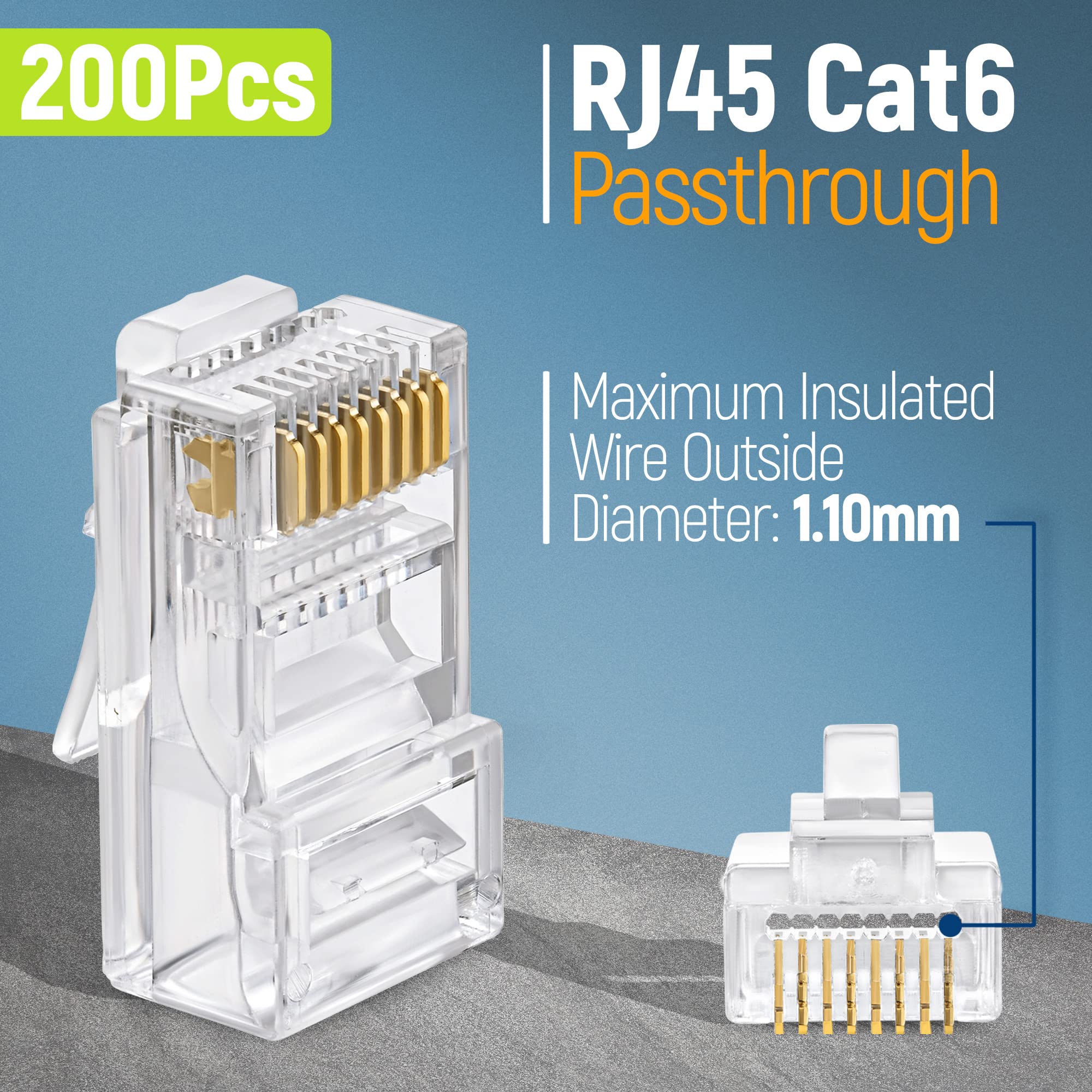 Everest Media Solutions Rj45 Cat6 Pass Through Connectors   Pack Of 200   Ez To Crimp Modular Plug For Solid Or Stranded Utp Net
