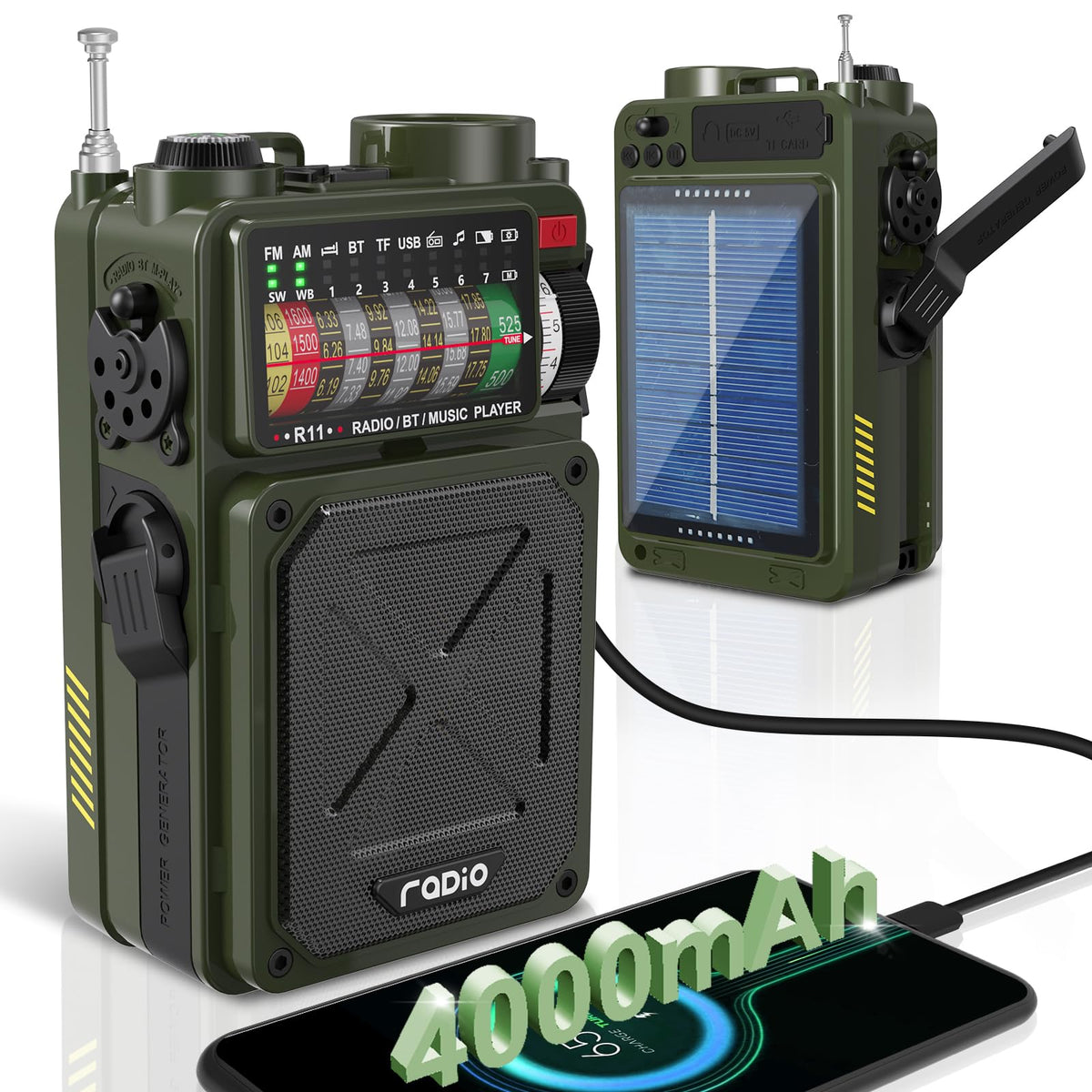 Noaa Weather Radio   4000Mah Am/Fm/Wb/Sw Emergency Radio With Bluetooth,Flashlight,Sos Alarm, Powered By Usb Charged,Hand Crank 