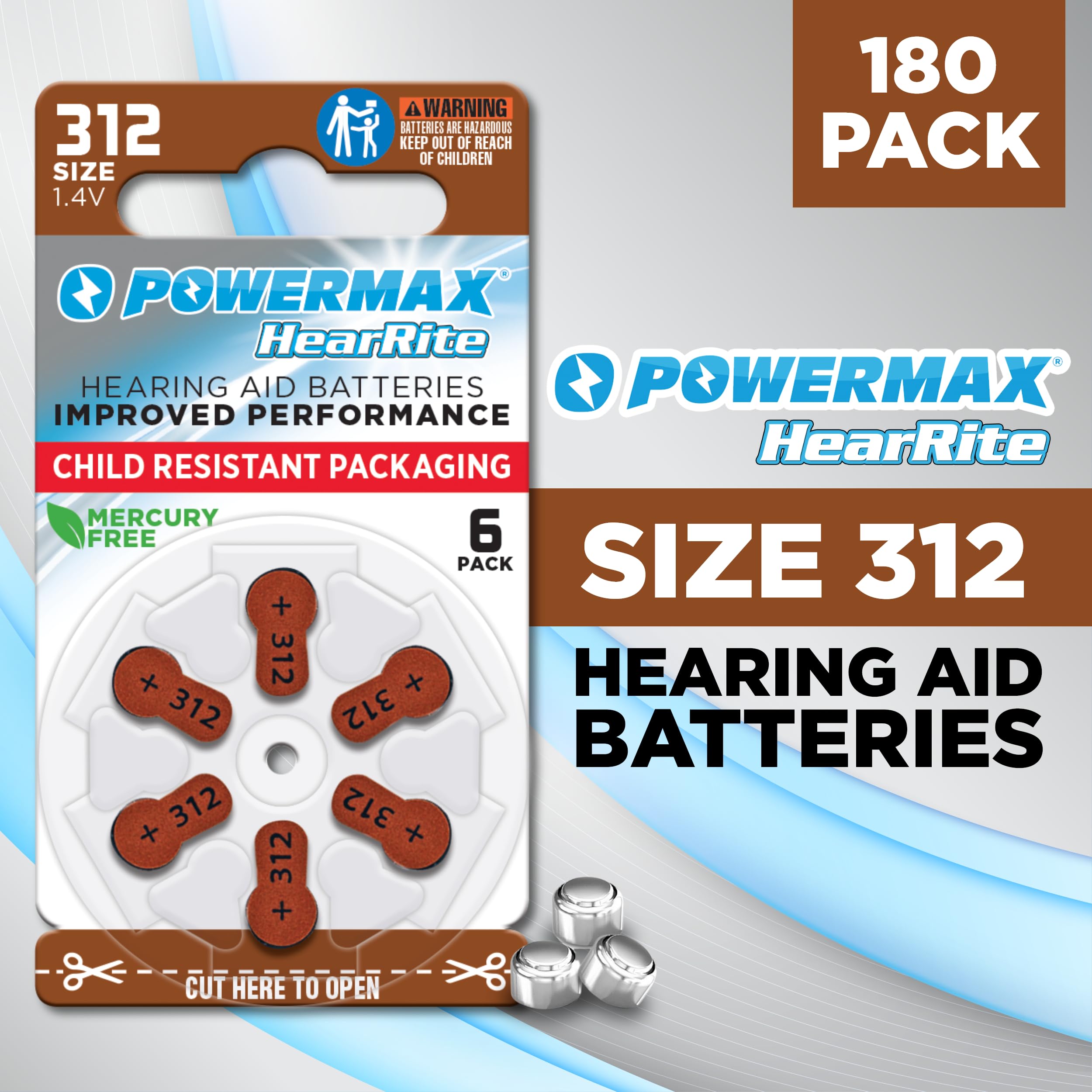 Powermax Size 312 Hearing Aid Batteries, 180 Count Long Lasting Battery Pack, Brown Long Tab For Easy Change