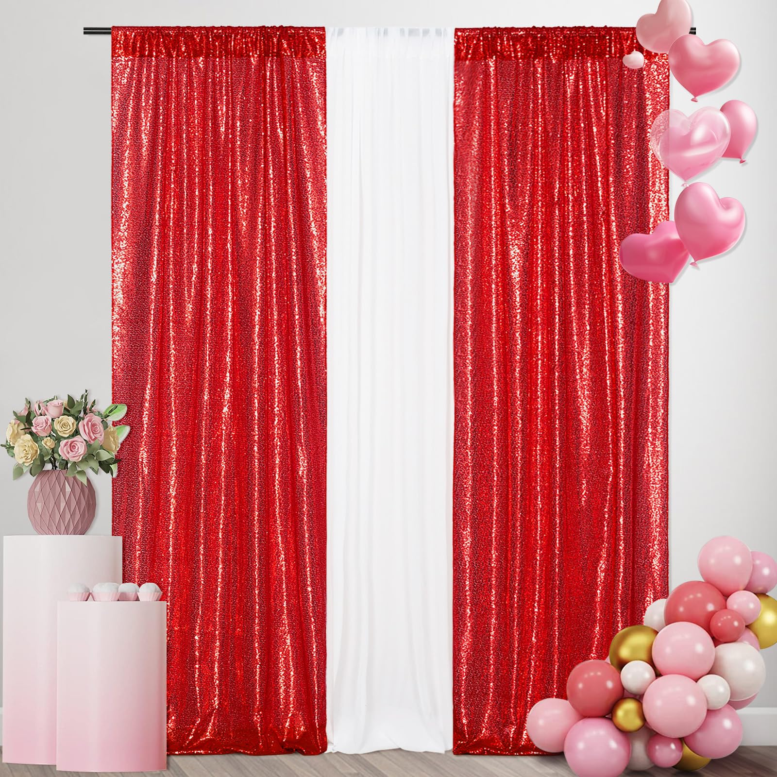 Squarepie Sequin Curtain 2Ft X 8Ft 2Pcs Red Backdrop Background Sparkly For Wedding Party Decoration