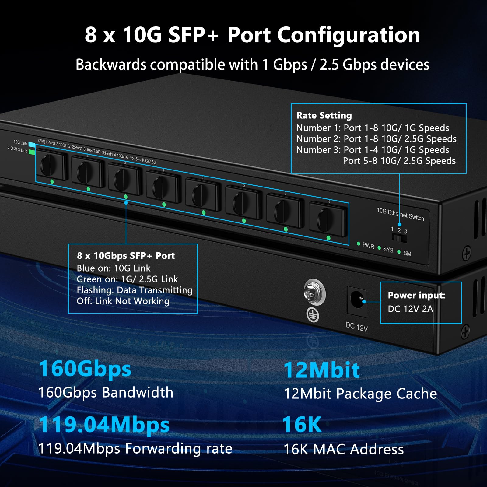 Real Hd 8 Port 10Gb Sfp+ Switch Unmanaged With 8 X 10 Gigabit Sfp+ Ports | Multi Gigabit 10G 2.5G 1G | Fanless Quiet | Plug & Pl