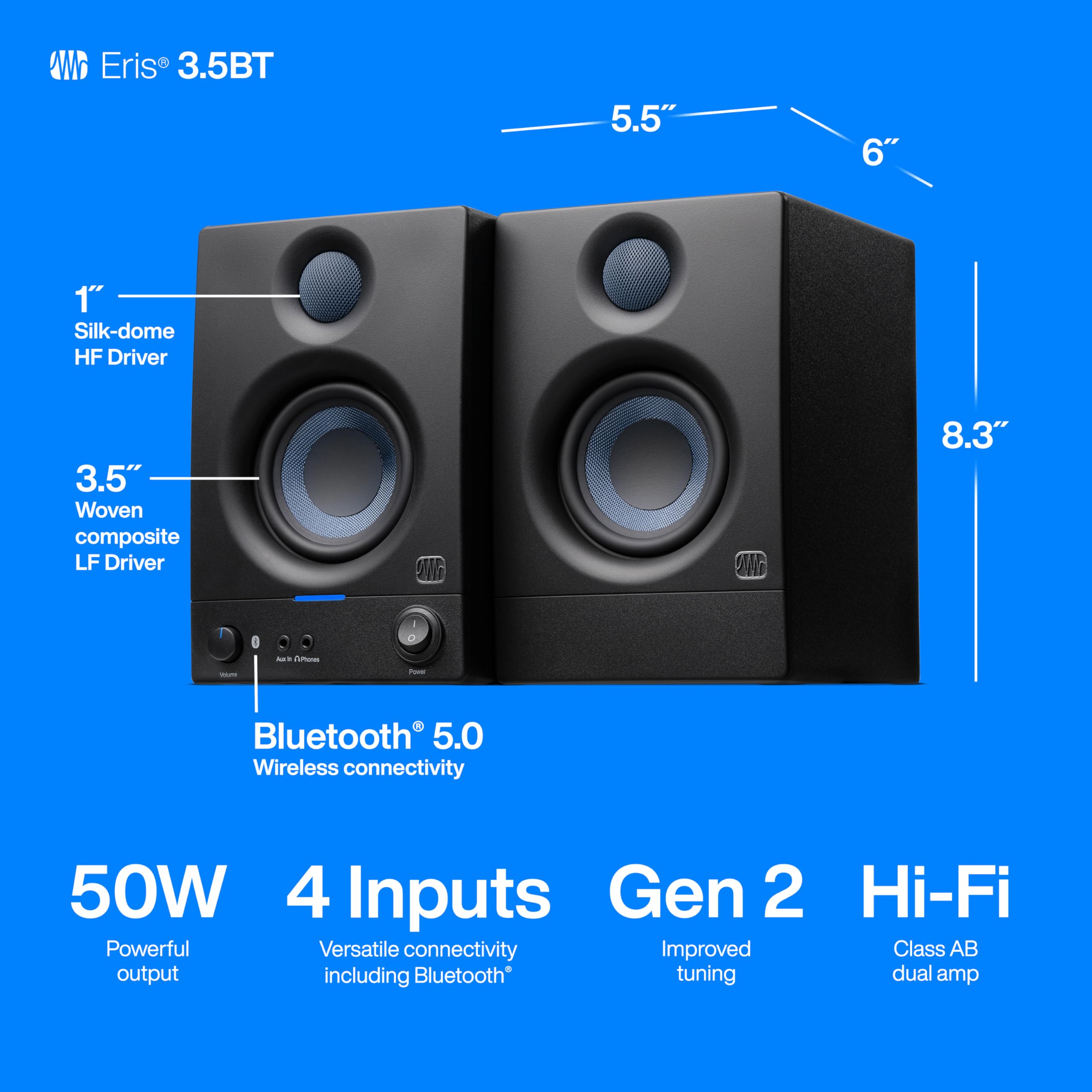 Presonus Eris 3.5Bt Bluetooth Studio Monitors, Pair   Powered, Active Monitor Speakers For Desktop, Turntable, Record Player, Bo