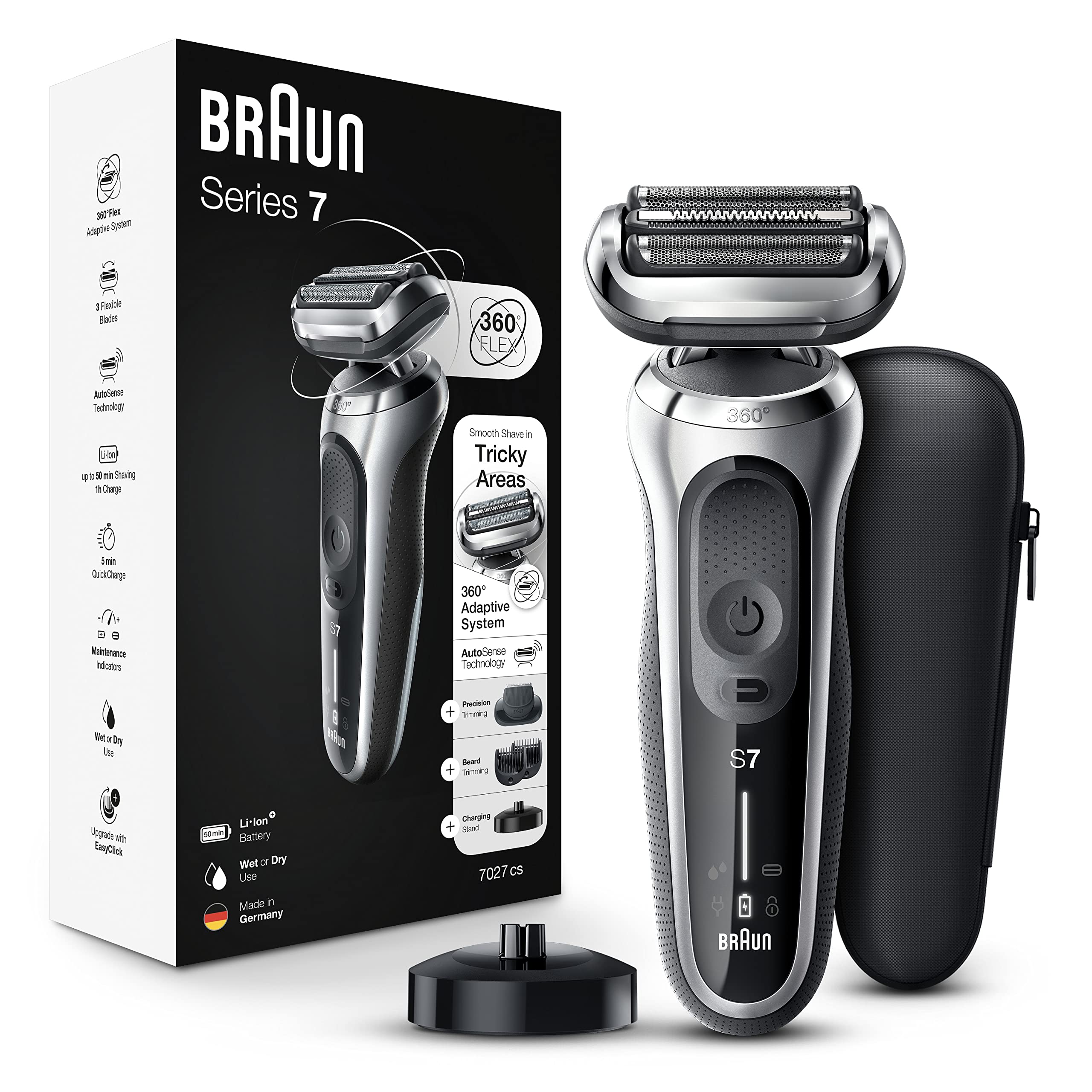 Braun Electric Razor for Men, Waterproof Foil Shaver, Series 7 7027cs, Wet & Dry Shave, with Beard Trimmer, Rechargeable, Chargi
