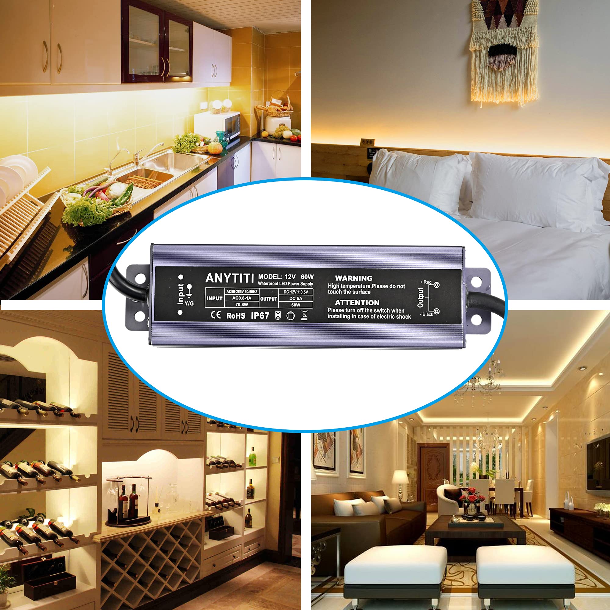 Anytiti Led Driver,Led Power Supply Ip67 Waterproof Output 60W Dc12V 5A 3 Prong Plug 4.5Feet