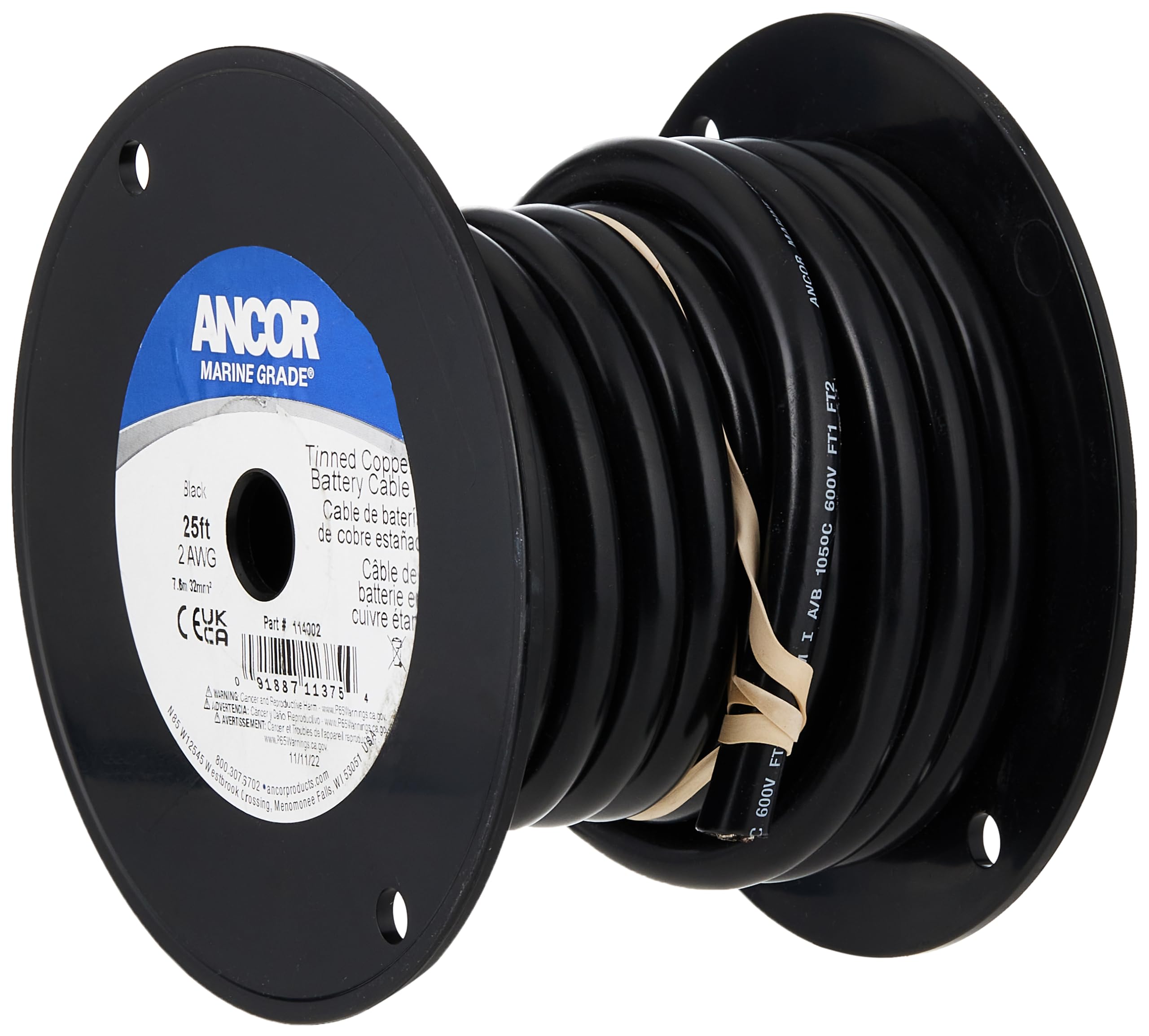 Ancor 114025 Tinned Copper Battery Cable, 2 AWG (32mm2), Black - 250ft