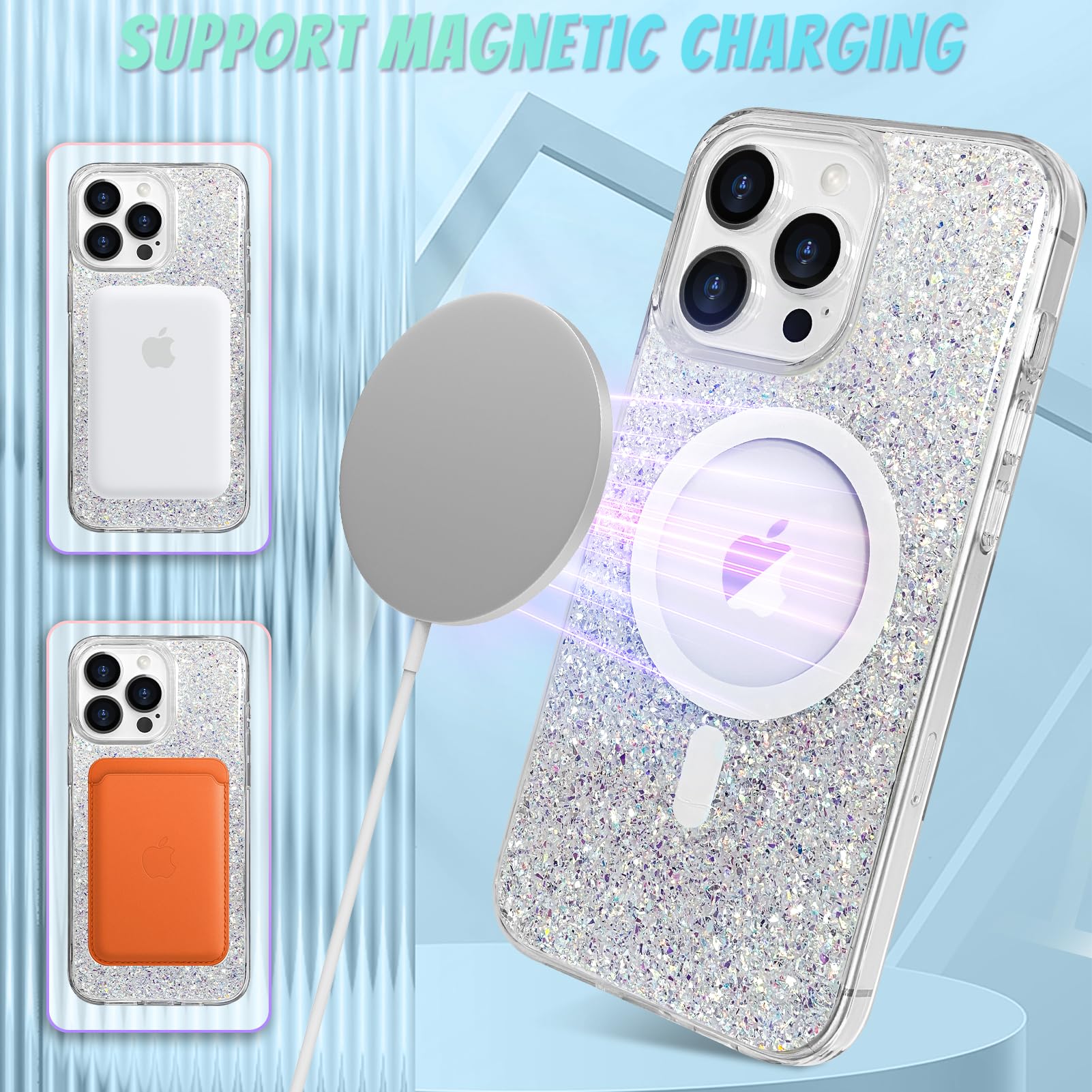 Bonoma For Iphone 16 Pro Max Case, Sparkly Glitter Bling Back, Magnetic Support For Magsafe Shockproof Case, Crystal And Clear H