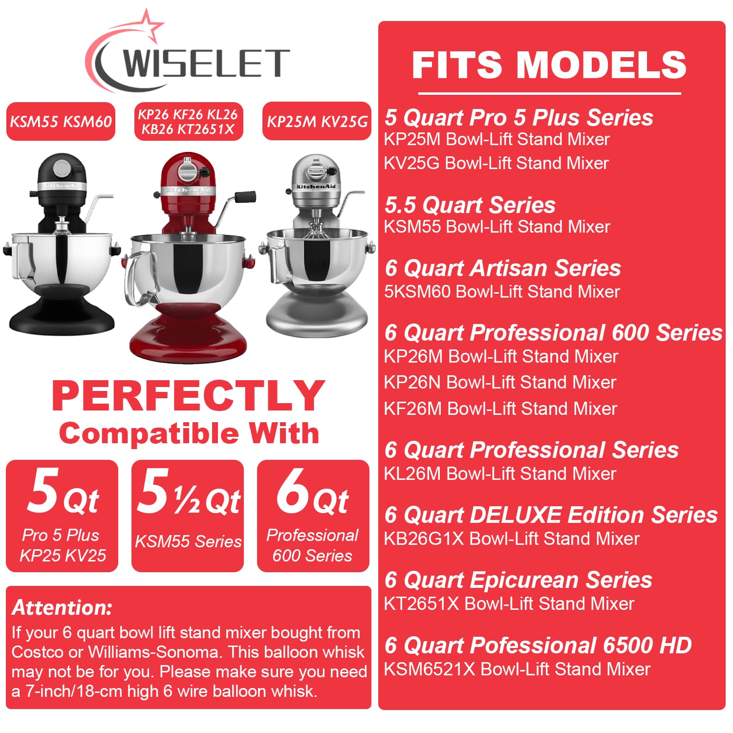 Kn256 Stainless Steel Wire Whip For Bowl Lift Mixer 6 Quart Bowl, 6 Wire Whisk Fits For Professional 600, Kp26M1X,Kd2661X,Kp2671