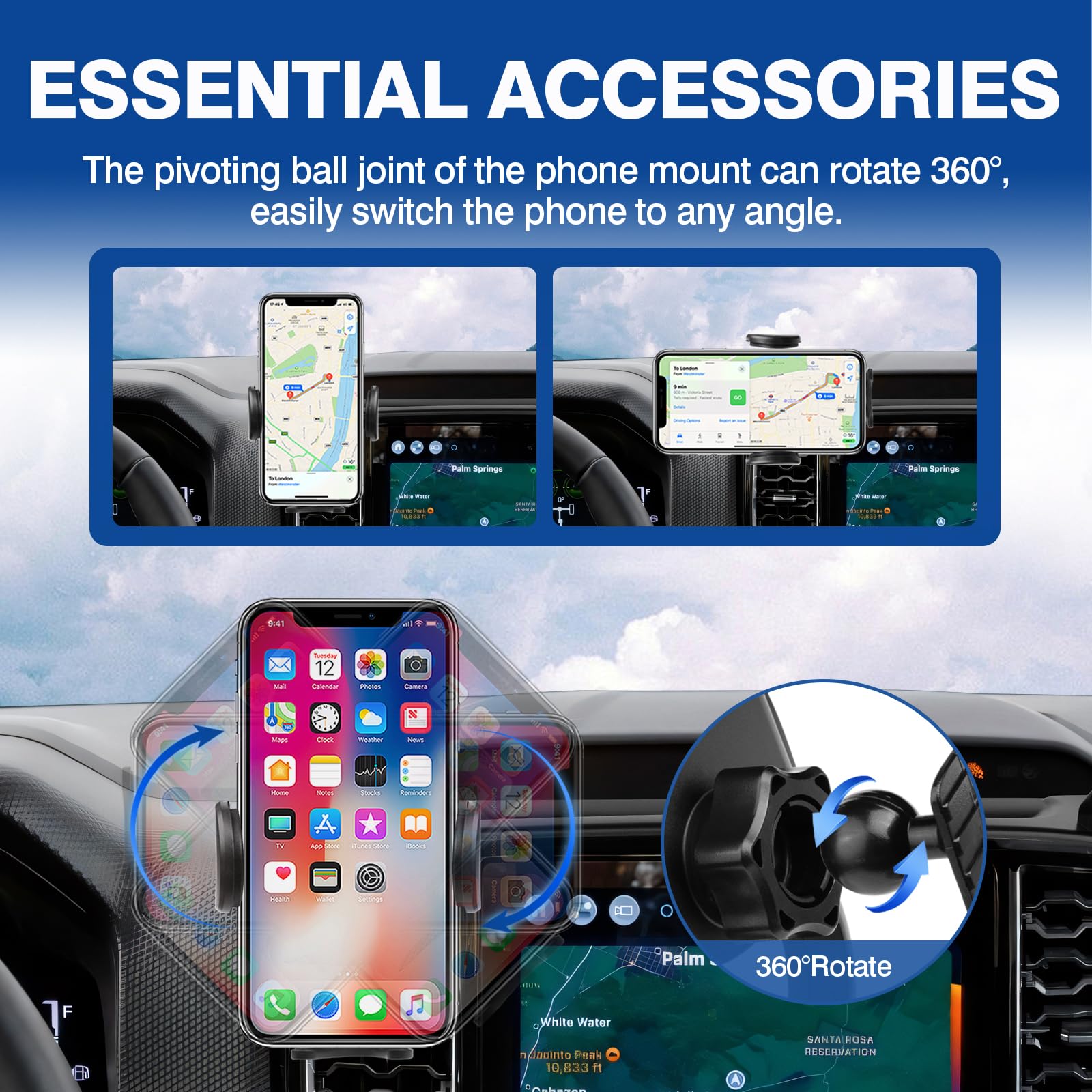 Autorder Car Phone Holder For 2024 2025 Ford Ranger Accessories Phone Mount Cell Phone Car Mount Automobile Phone Stabilizer 360