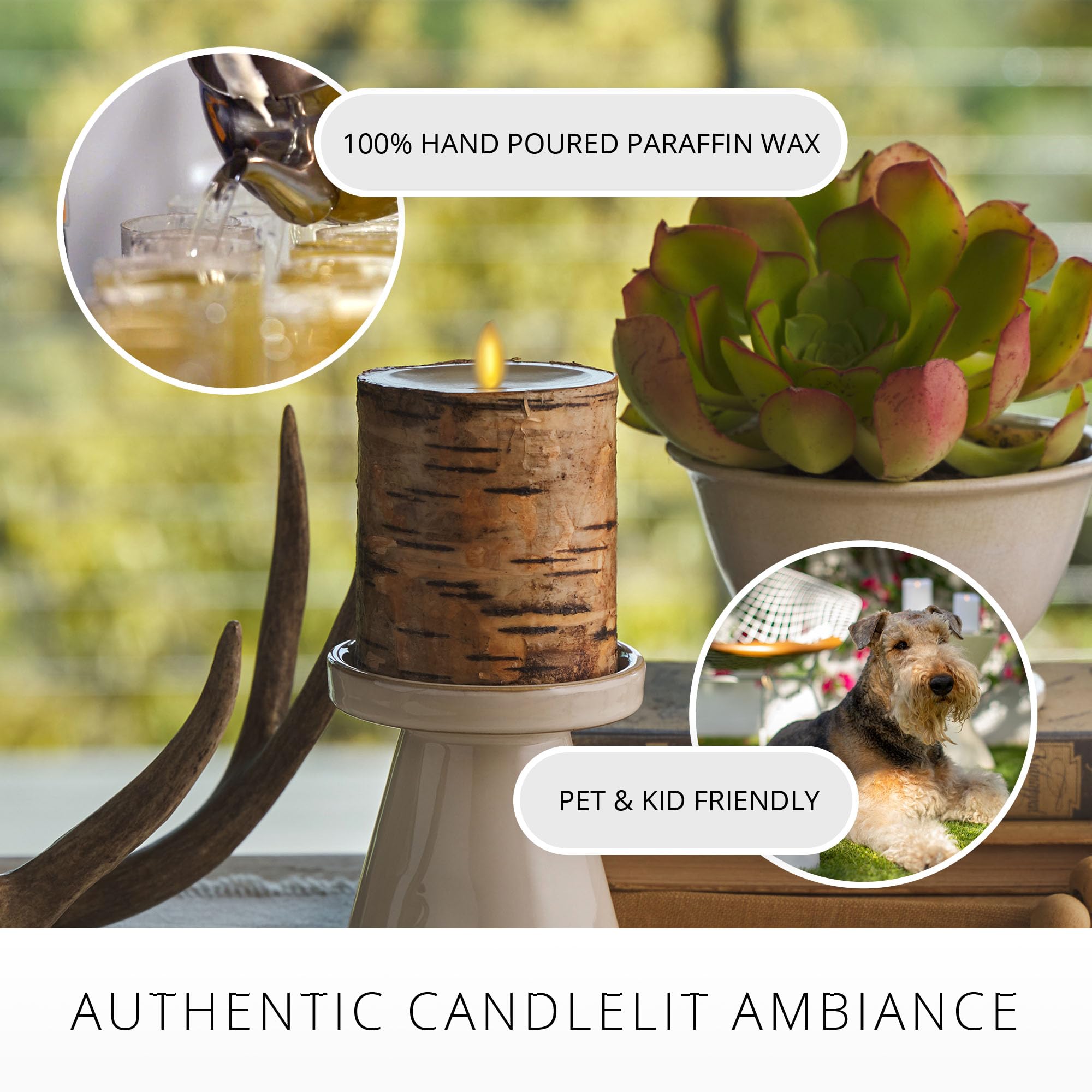 Luminara Real Birch Bark Wrapped Flameless Led Candle, 3.5'' X 4.5'', Battery Operated Moving Flame Pillar Light With Timer   Na