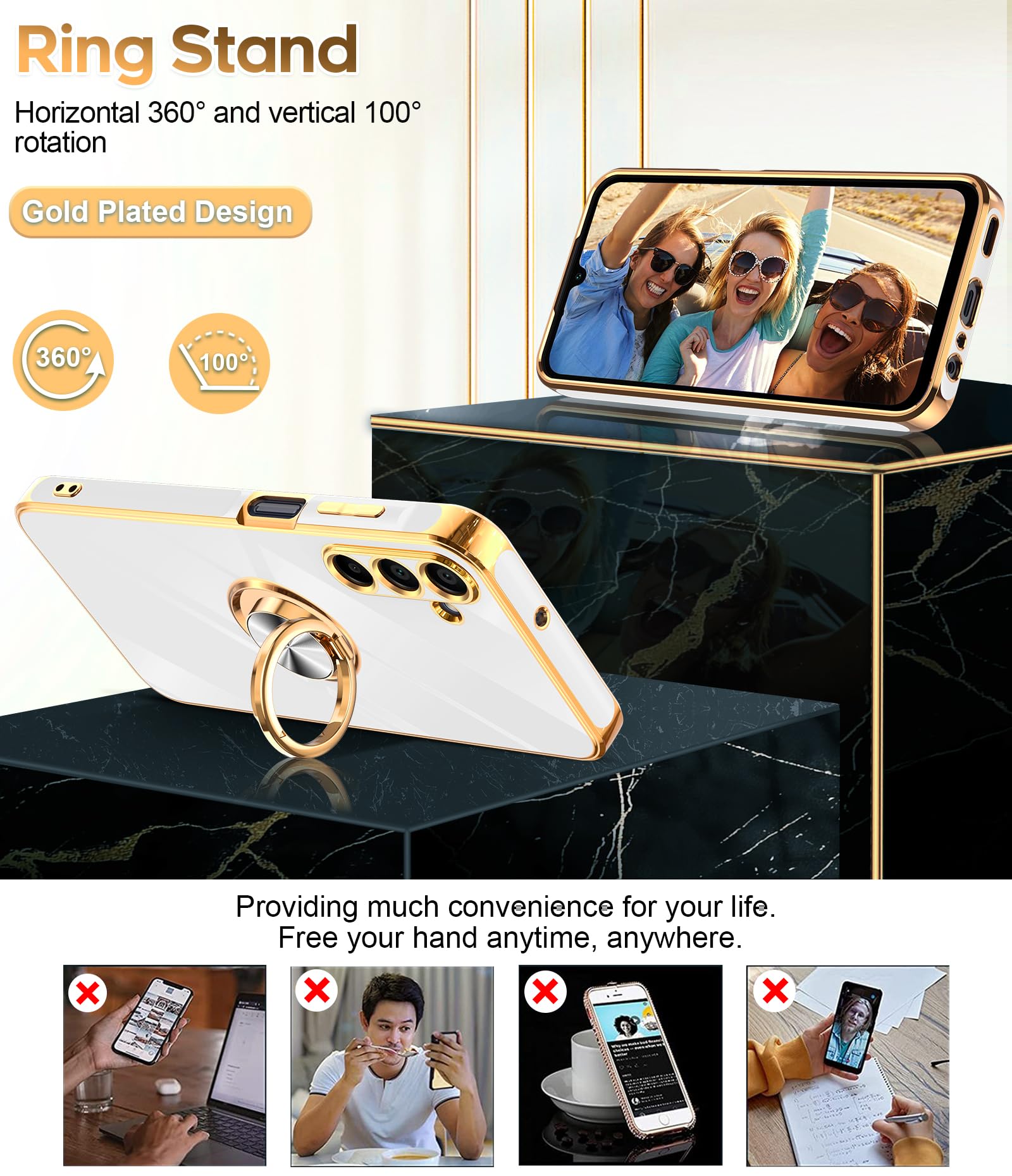 Leyi For A15 5G Phone Case: With Tempered Glass Screen Protector [2 Pack] 360 Rotatable Ring Holder Magnetic Kickstand, Plating