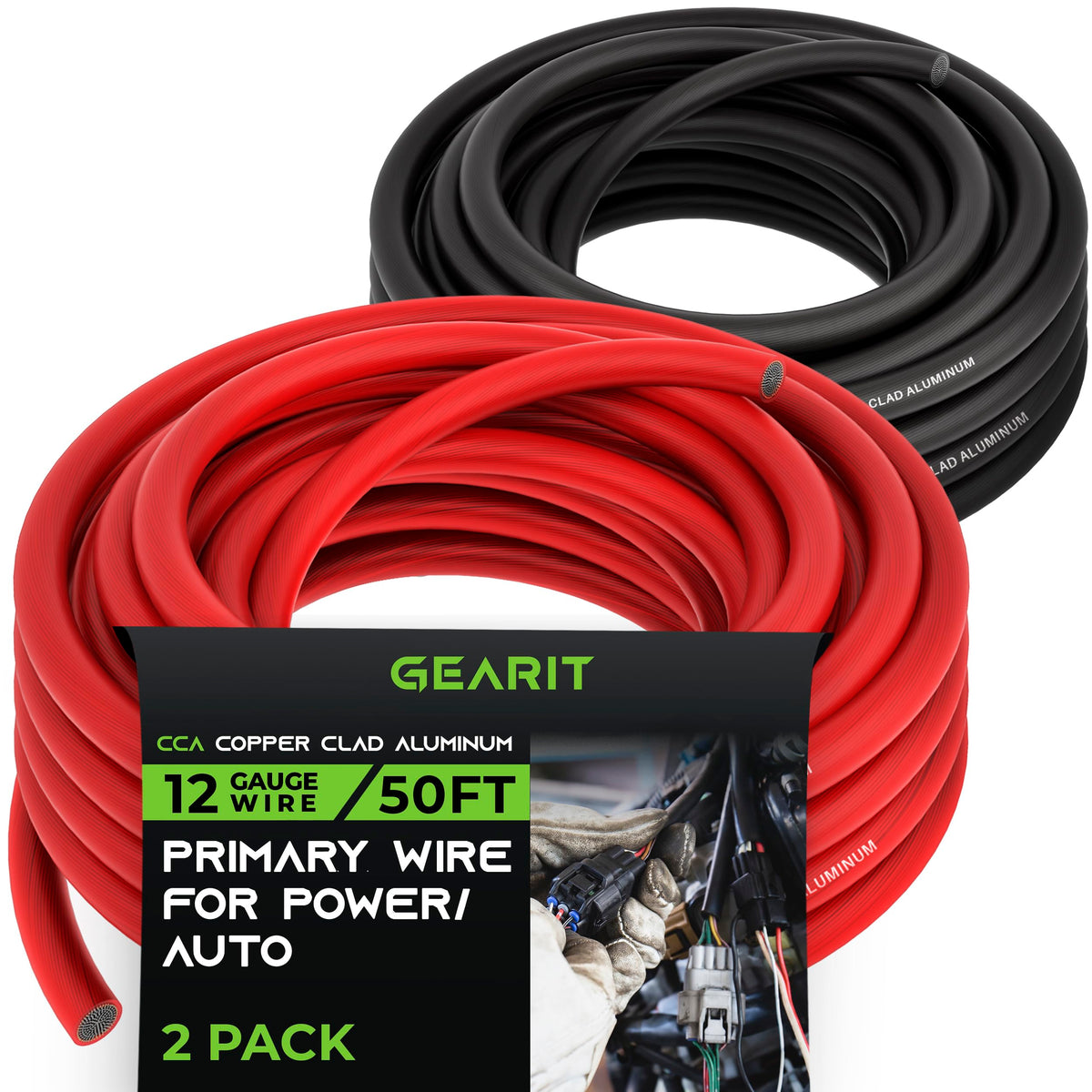 Gearit 12 Gauge Wire (50Ft Each   Black/Red) Copper Clad Aluminum Cca   Primary Automotive Power/Ground For Battery Cable, Car A