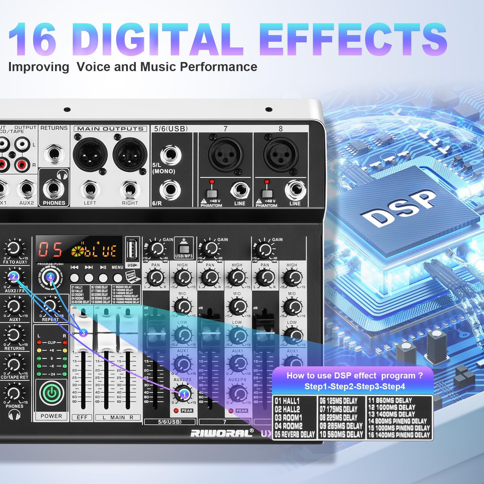 8 Channel Audio Mixer Dj Mixer Sound Board Console 16 Dsp Usb Audio Interface Mp3 Input +48V Phantom Bluetooth Studio Mixer Audi