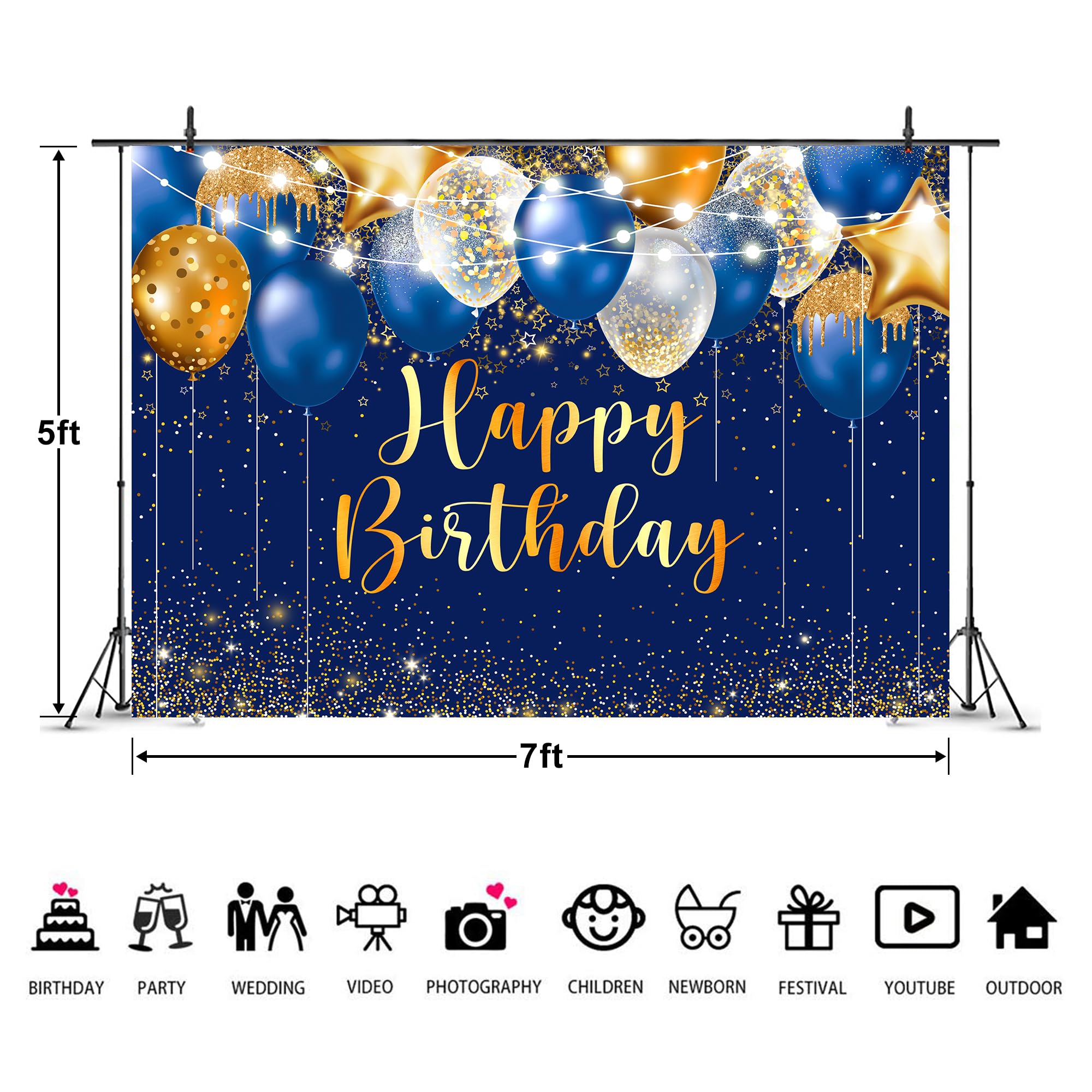 Imirell Royal Blue Gold Birthday Men Backdrop 7Wx5H Feet Boys Balloons Modern Golden Ceremony Stars Polyester Fabric Shining Spa