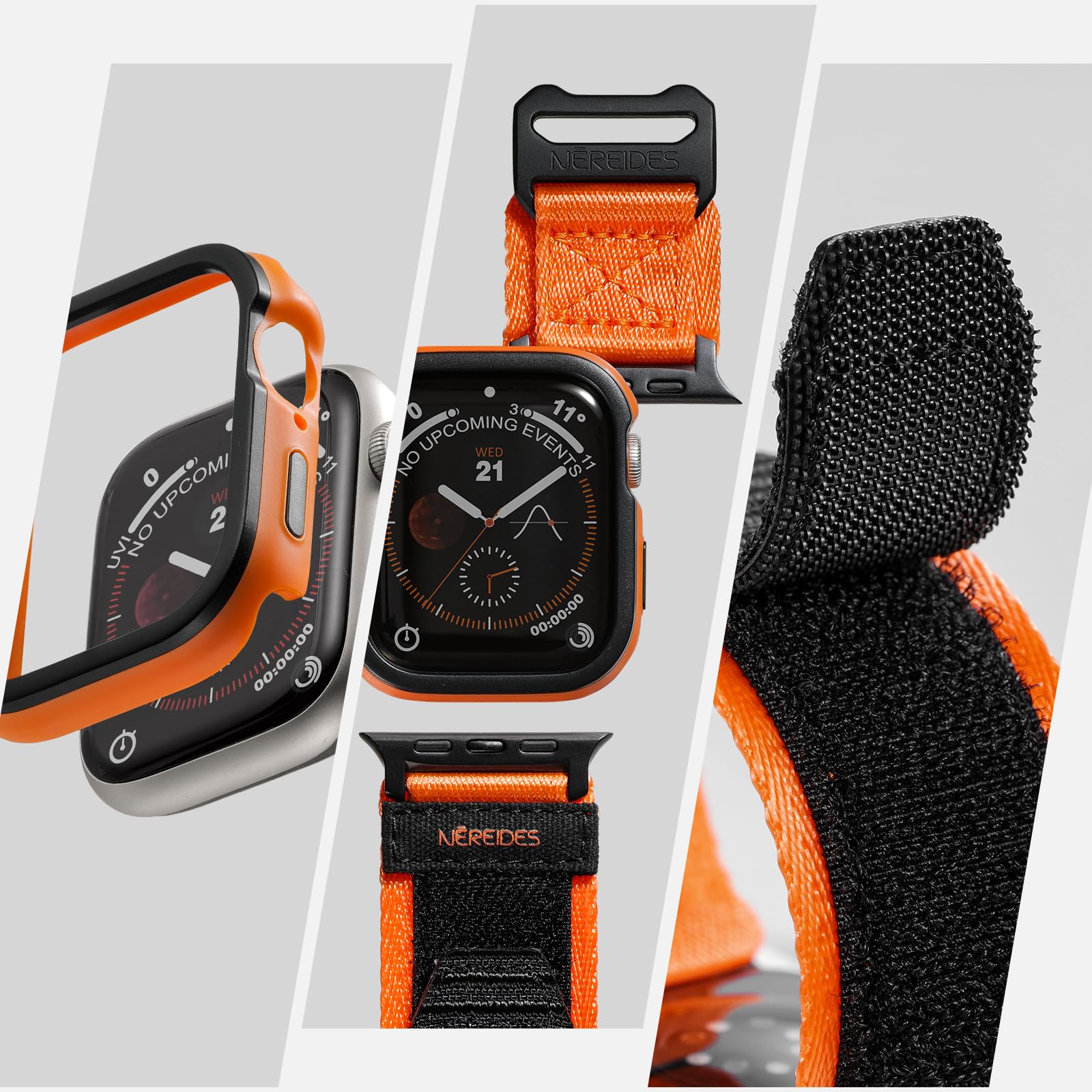 Rugged Case With Band For Apple Watch Series 9/8/7 Band 45Mm, Hook And Loop Nylon Sport Strap With Case For Iwatch Men(Orange)