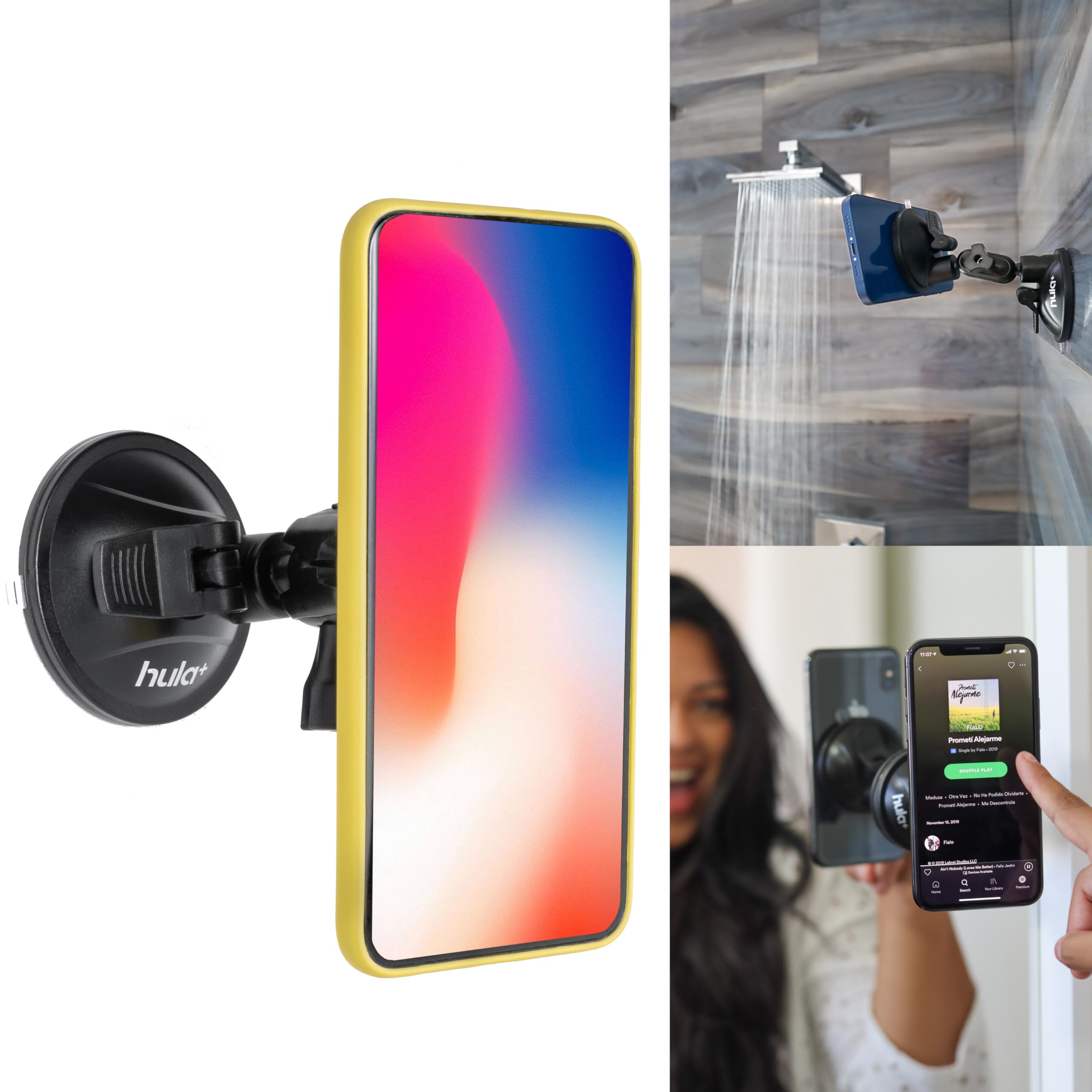 Hula+ Phone Holder Portable Mount, Reusable Stand For Shower, Mirror, Kitchen, Window, & Bathroom, Adjustable Rotation For Conte