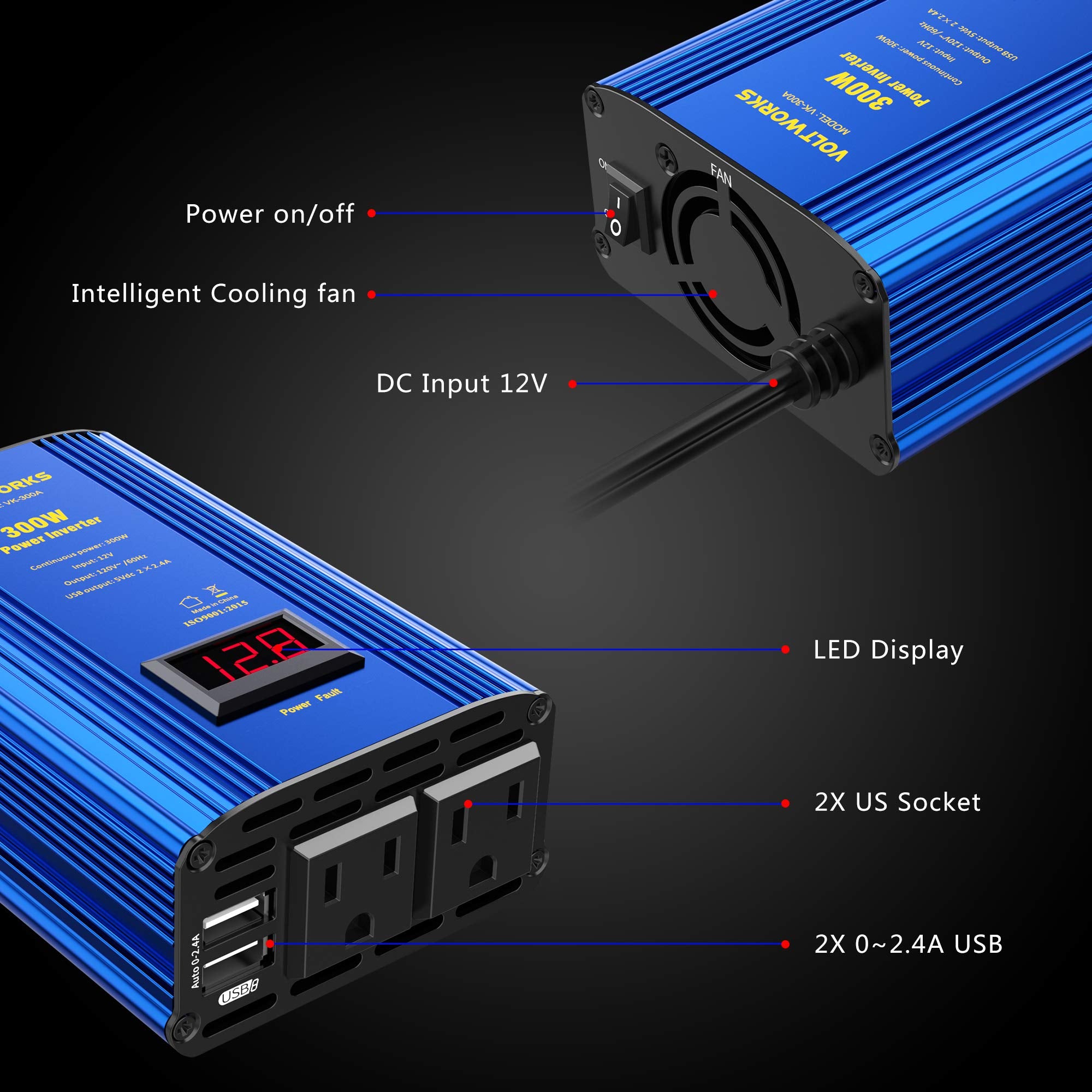 Power Inverter 300W Car Inverter Dc 12V To 110V Ac Converter With Led Display & 2X2.4A Dual Usb Car Adapter Charger Compatible W
