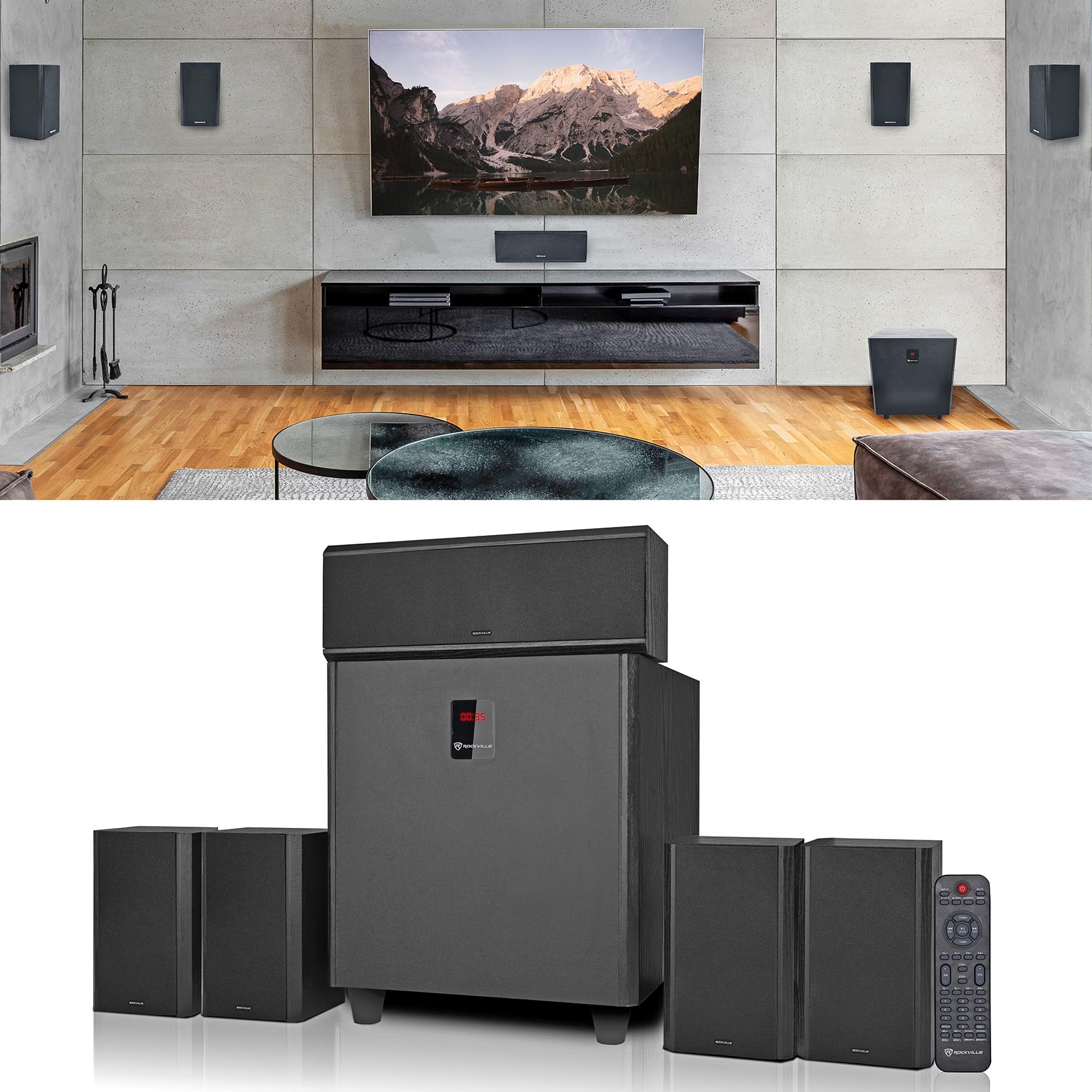 Rockville Hts820 1500W 5.1 Channel Home Theater System With 8'' Subwoofer, Bluetooth, Usb, Includes Remote And Speaker Mounts  