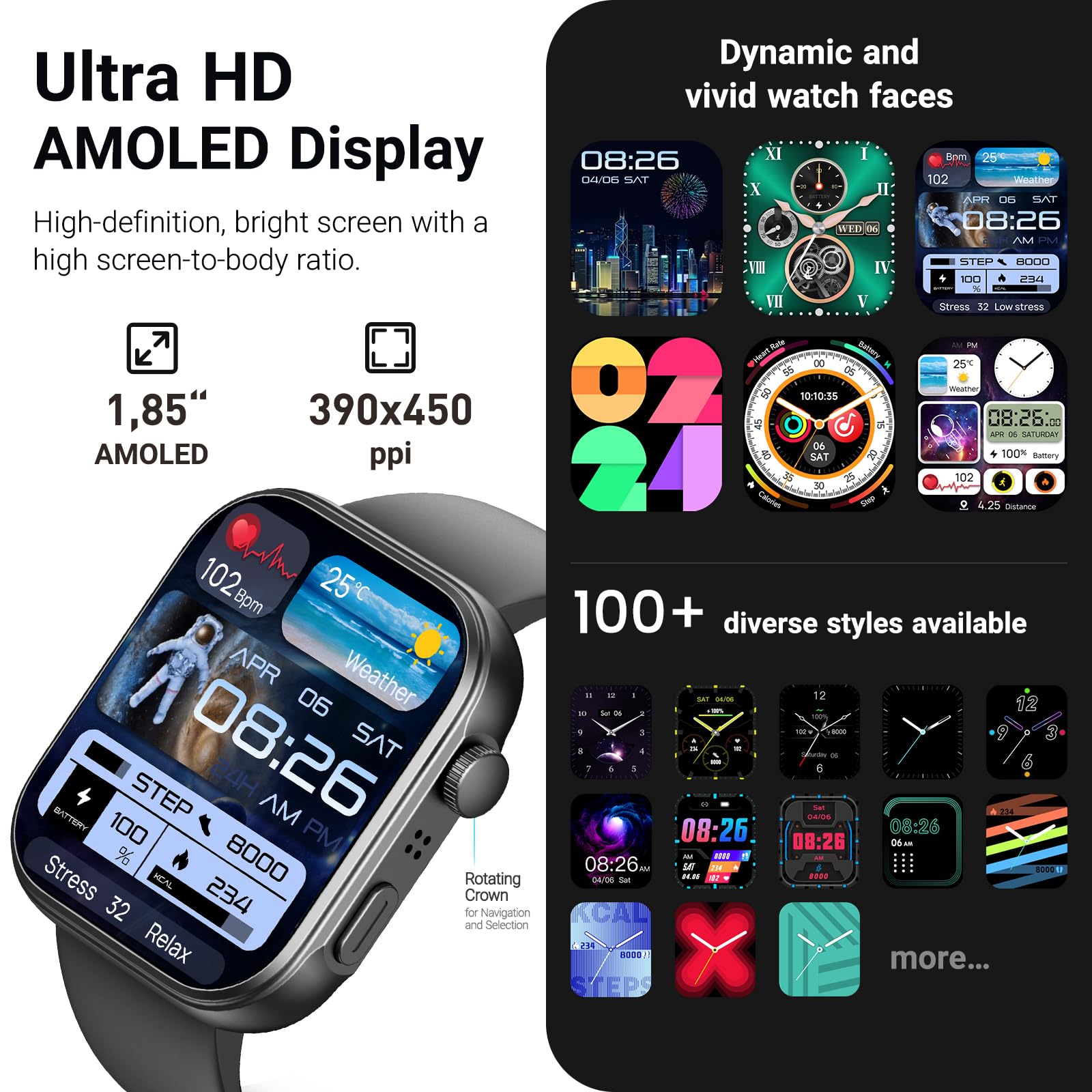 Tozo Amoled S6 Smart Watch 1.85'' Ultra Clear Screen Dynamic Faces Bluetooth Call,100+ Sports Modes Fitness Activity Tracker Wit