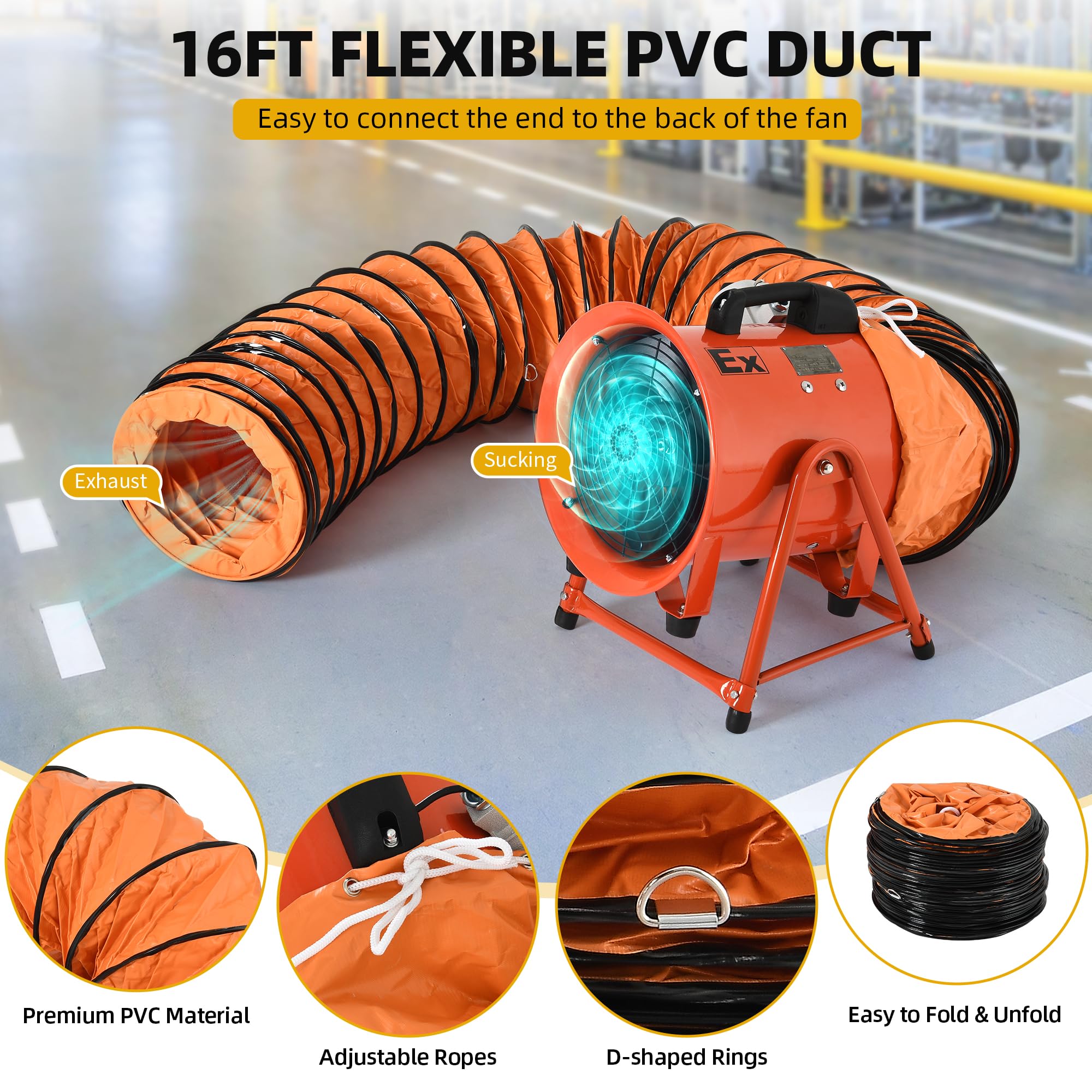 Dwvo 12 Inch Explosion Proof Fan, Portable Utility Blower With Adjustable A-Frame And 16Ft Flexible Pvc Duct Hose, Industrial Ex