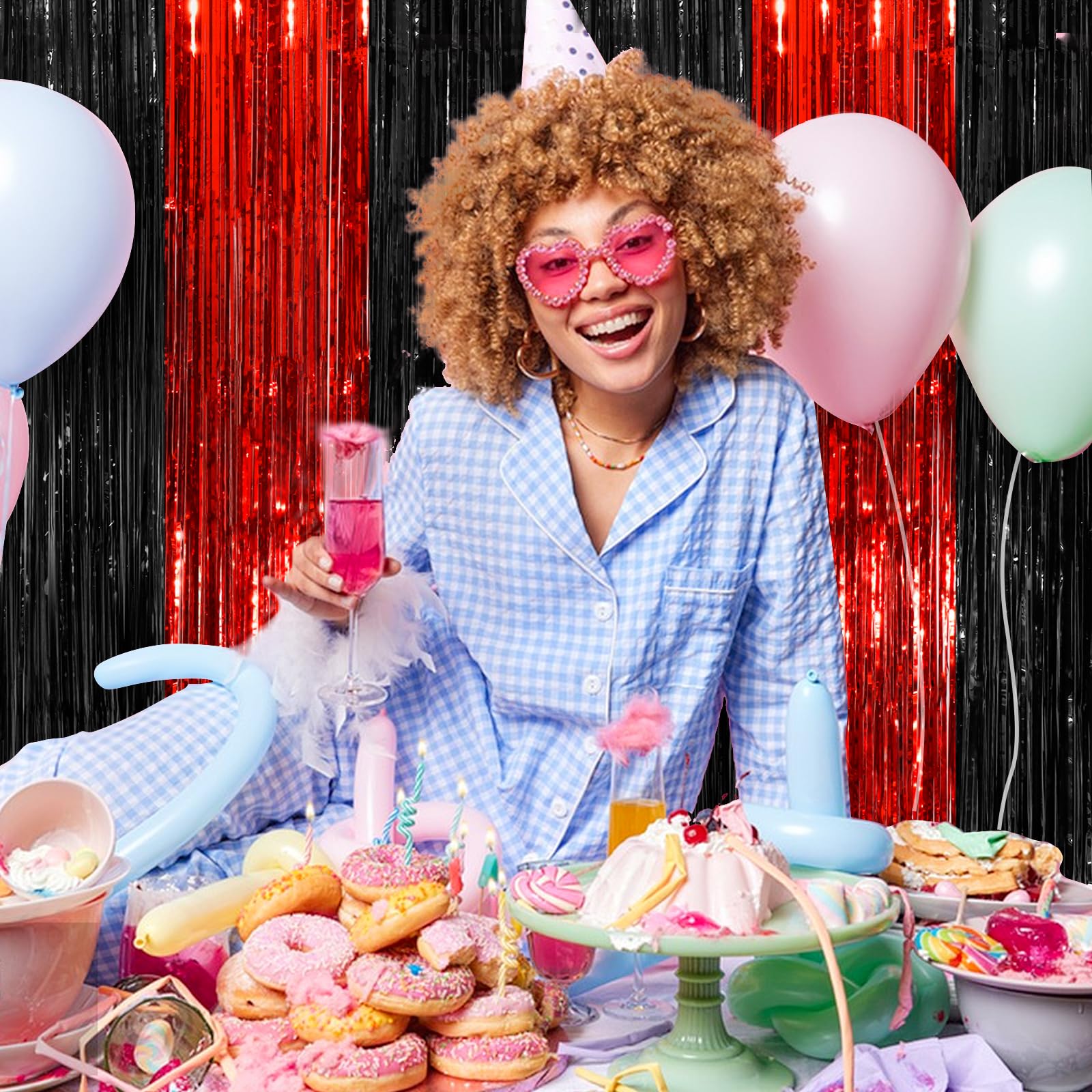 Black Red Tinsel Foil Fringe Curtains, 2 Pack 3.3X8.3 Feet Party Streamer Curtains For Birthday Party Decorations, Halloween Dec