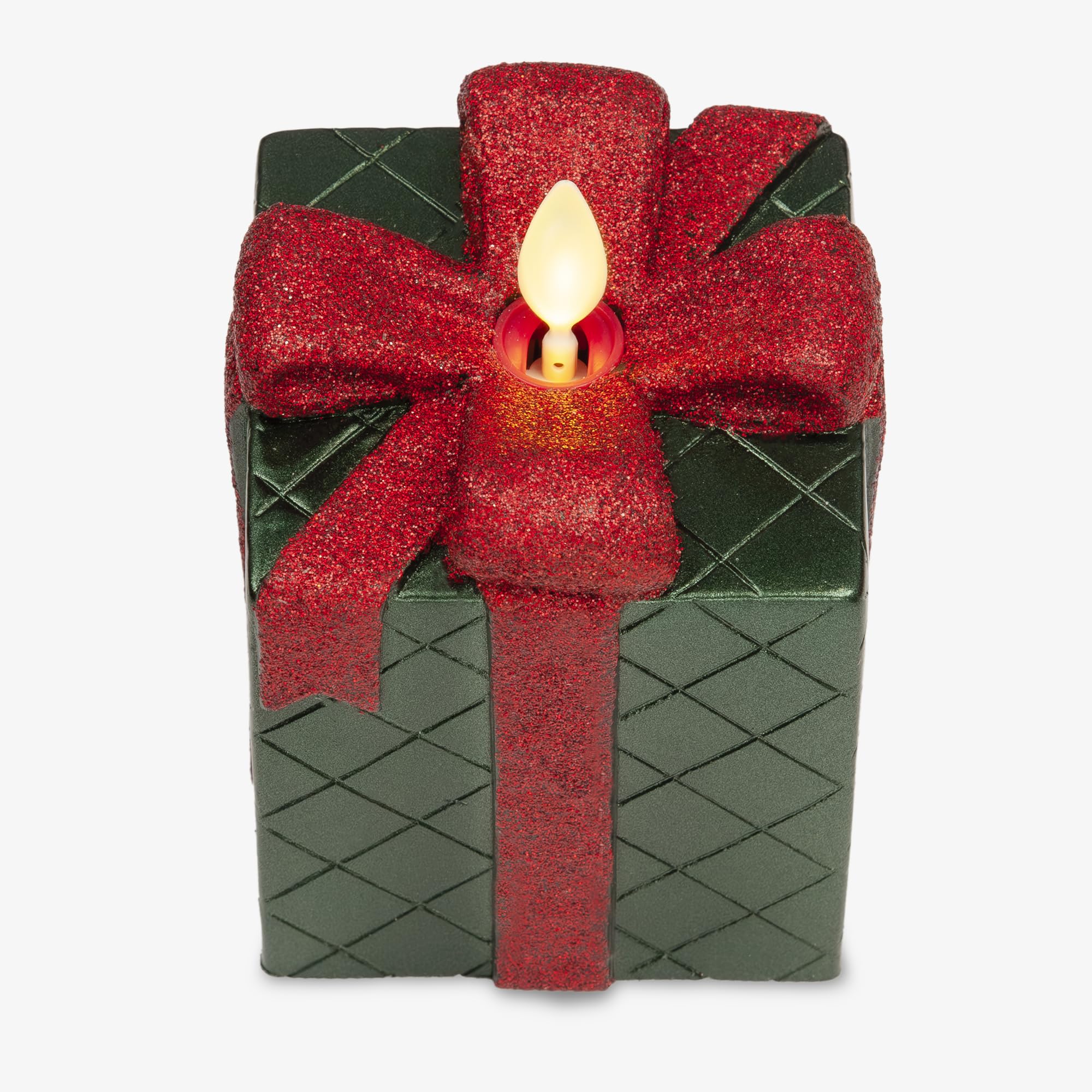Luminara   Flameless Holiday Led Candle Battery Operated Moving Flame   Green Gift Box   Pack Of 1 3X4.25   Glitter Ribbon With