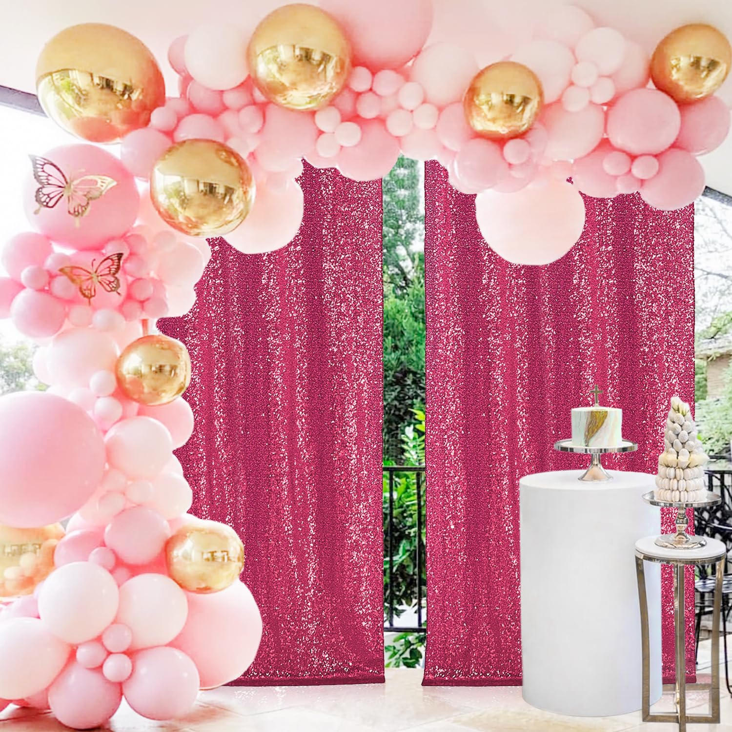 2  8Ft 2Pcs Hot Pink Sequin Backdrop Curtains Panels, Fuchsia Photography Backdrop Glitter Curtains Fabric Background For Christ