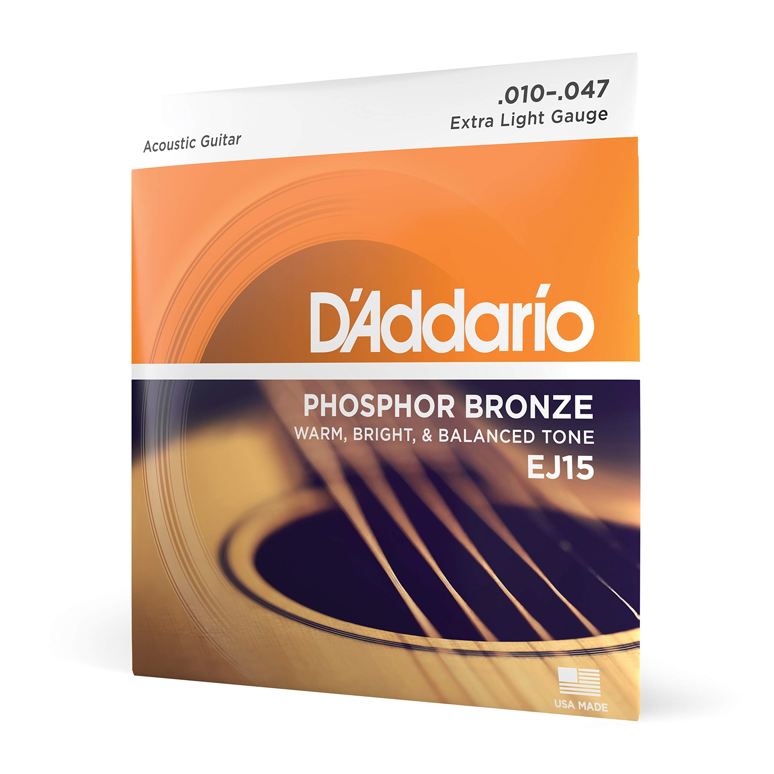 DAddario Acoustic Guitar Strings, Phosphor Bronze, EJ15, Extra Light Gauge 10-47, 6-String Set, Pack of 1