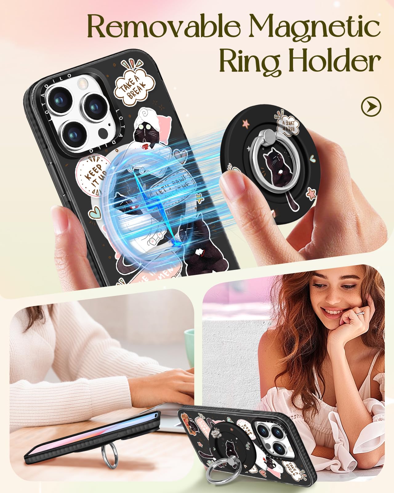 Lotadilo For Iphone 13 Pro Case For Women Girls - Cute Design Compatible With Magsafe Magnetic Ring Holder Stand Black Cat Aesth