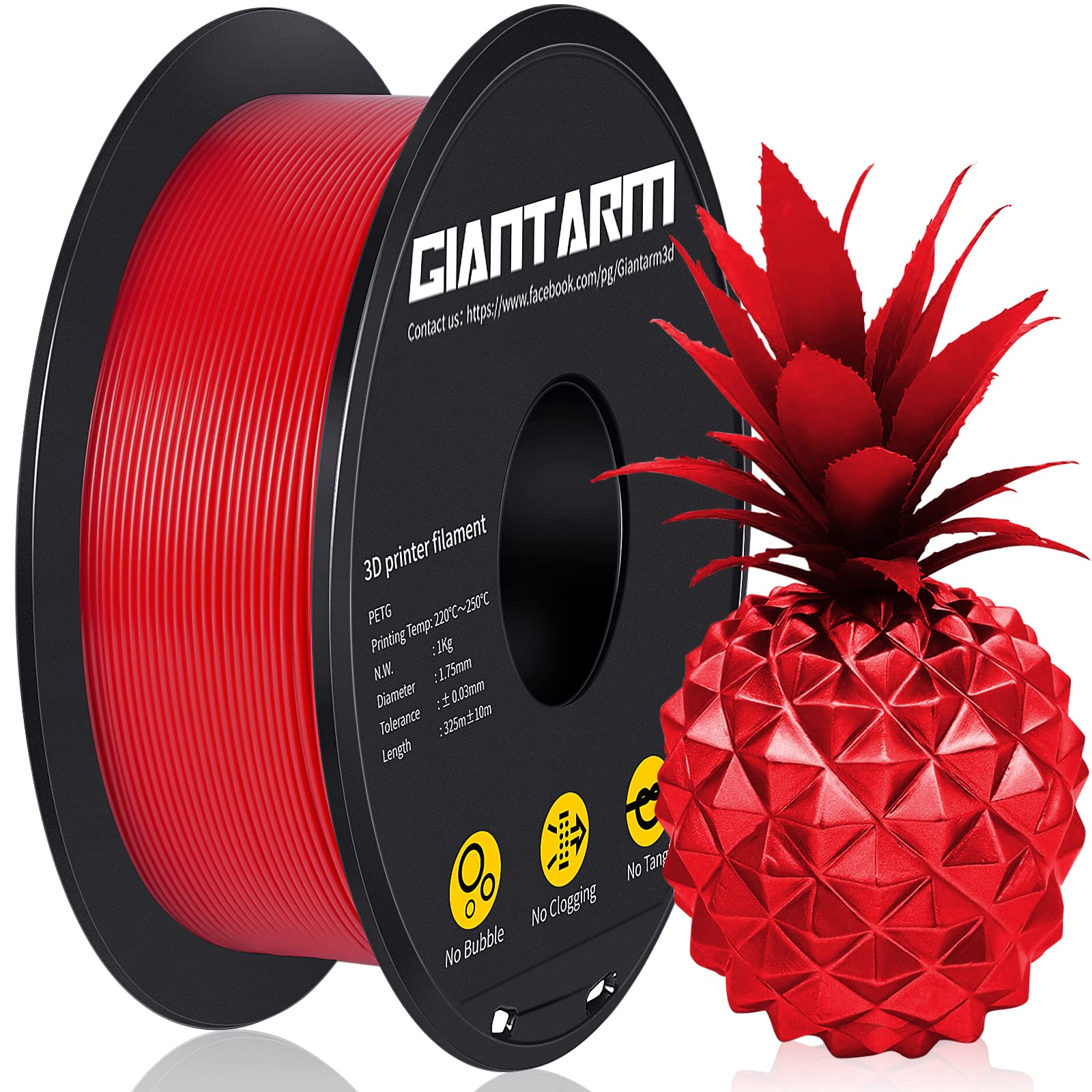 GIANTARM Red PETG 3D Printer Filament Toughness Enhanced 1kg (2.2lbs), 1.75mm Dimensional Accuracy +/-0.03mm, 1080 Feet(330m)/Ro