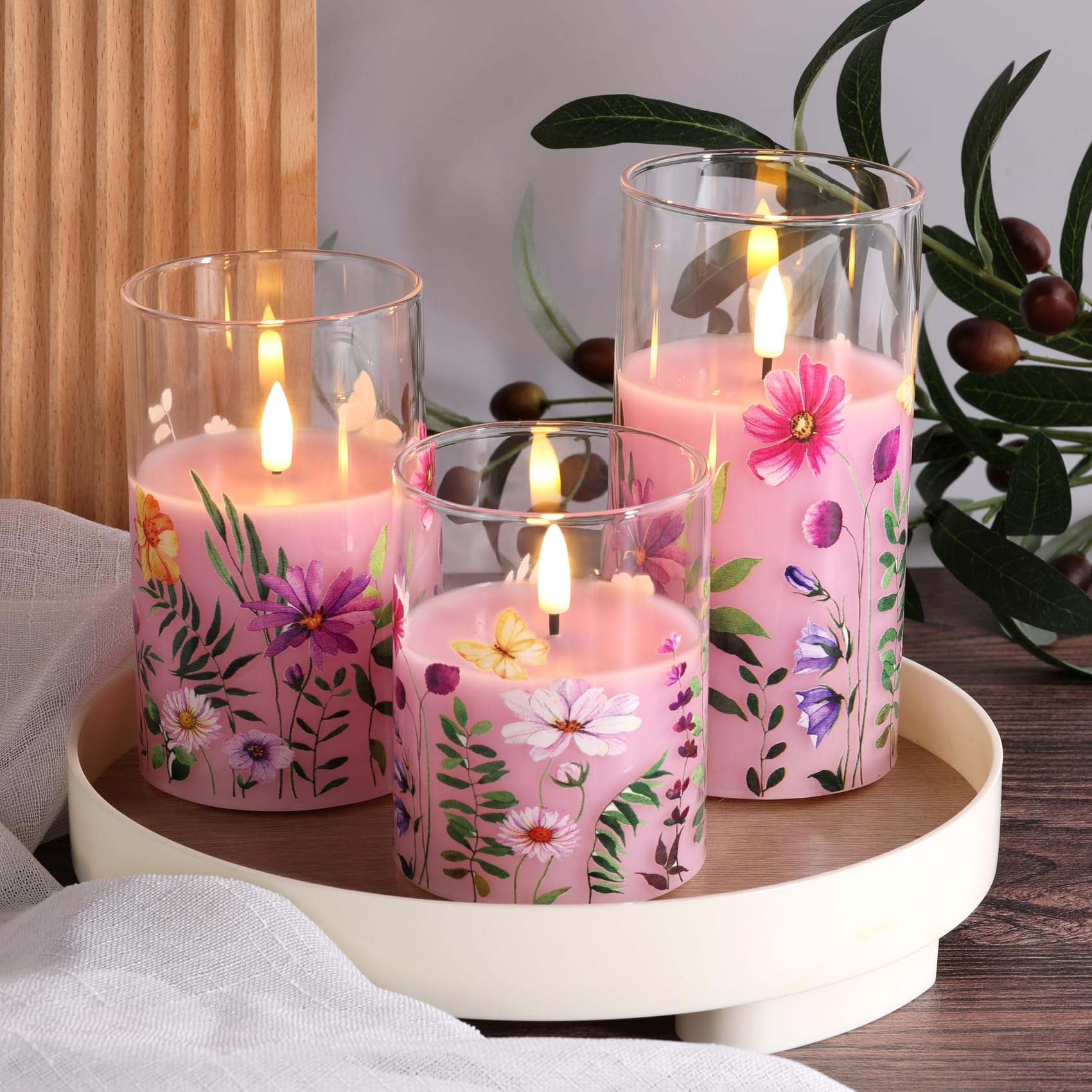Eywamage Pink Floral Flameless Candles In Glass Jars, Flickering Battery Led Pillar Candles With Remote Set Of 3