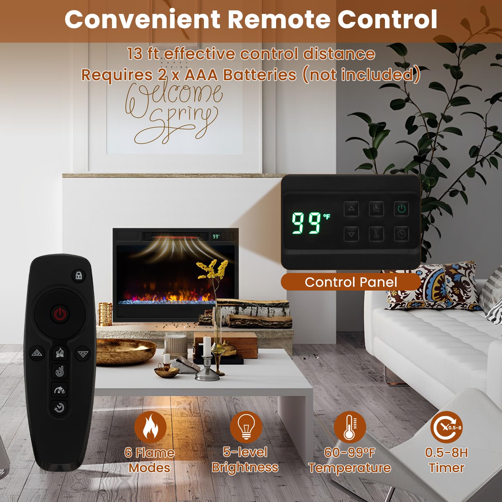 Goflame 23 Inch Electric Fireplace Insert, Recessed Quartz Fireplace Heater With 6 Flame Modes & 5 Brightness, Breathable Design