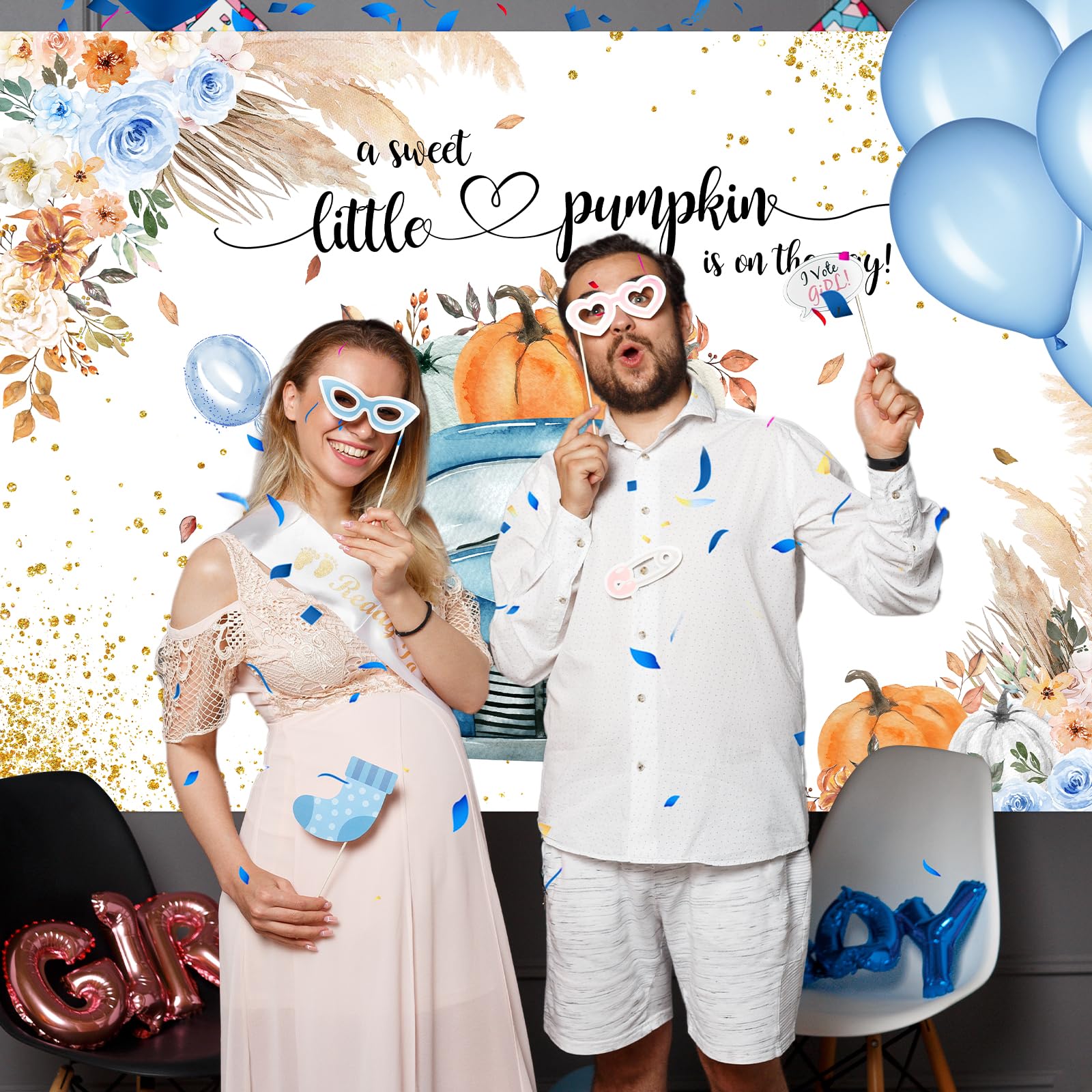 Avezano Blue Pumpkin Baby Shower Backdrop For Boy Boho Fall Baby Shower Decorations Little Pumpkin Truck Banner Thanksgiving Aut
