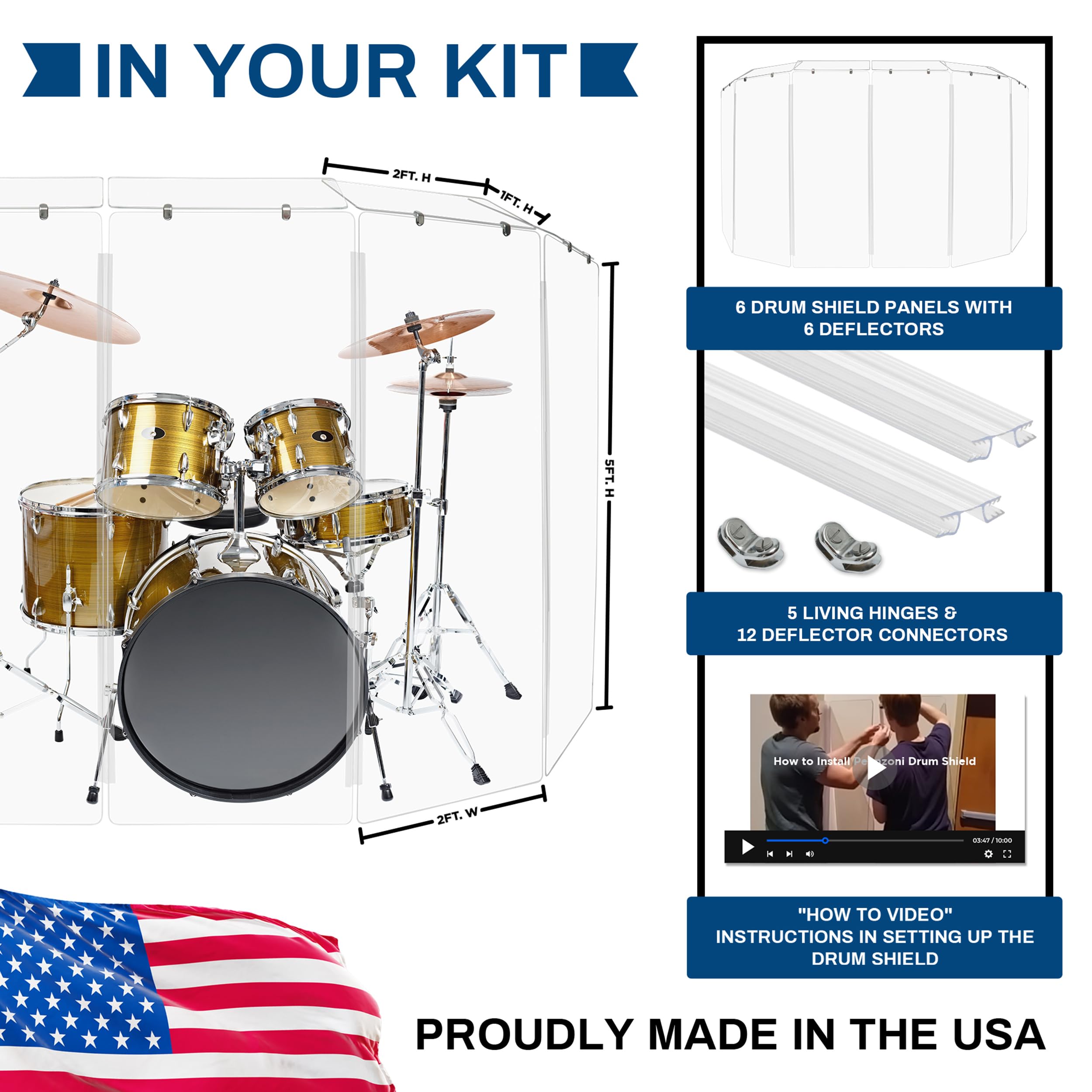 Pennzoni Drum Shield 5Ft W/Deflectors & Plastic Hinges, Comes W/ 6 Drum Panels, Plastic Hinges & Deflector Connectors, Premium C