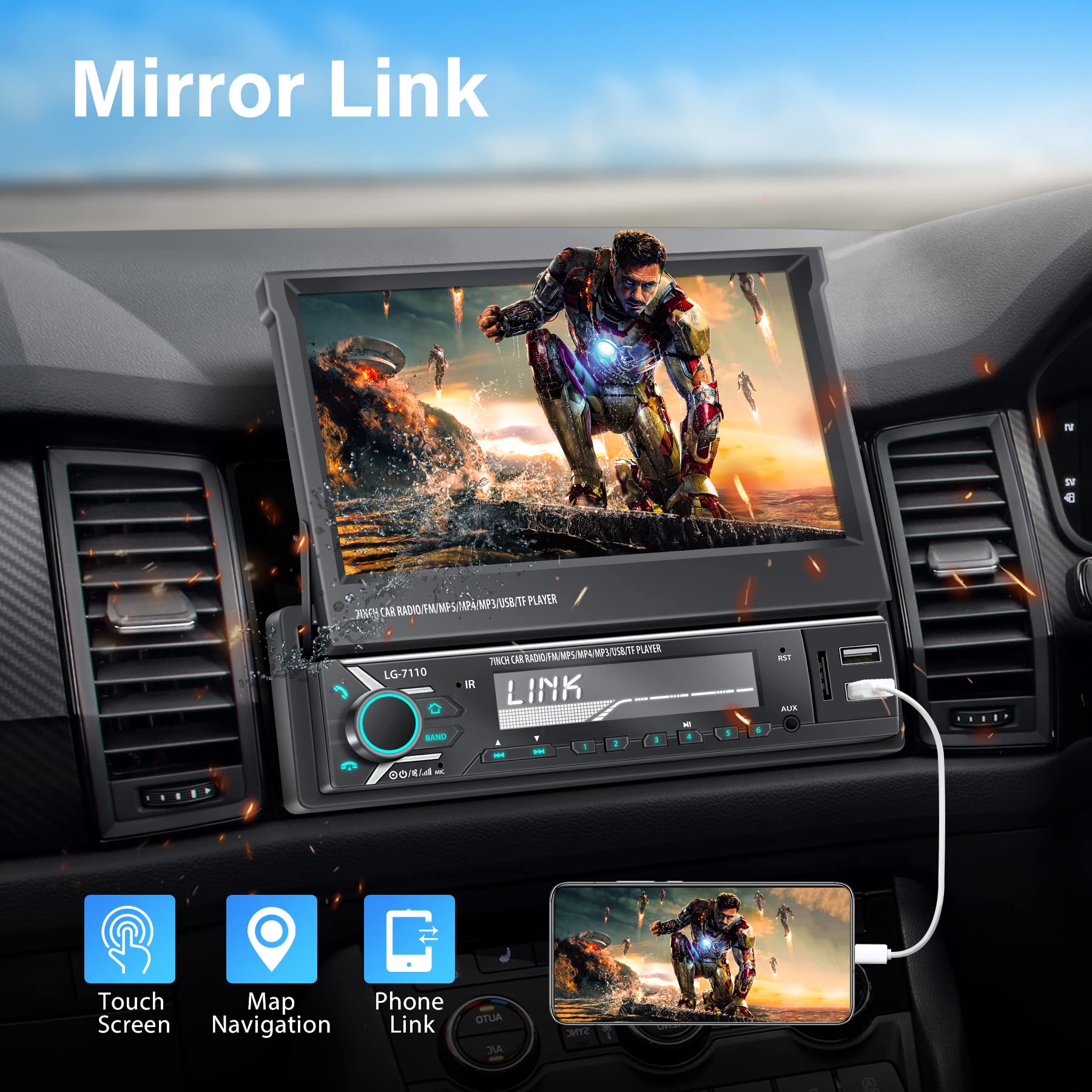 Single Din Car Stereo Screen With Wireless Carplay & Android Auto, 7' Flip Out Screen Car Stereo With Backup Camera, Car Radio S