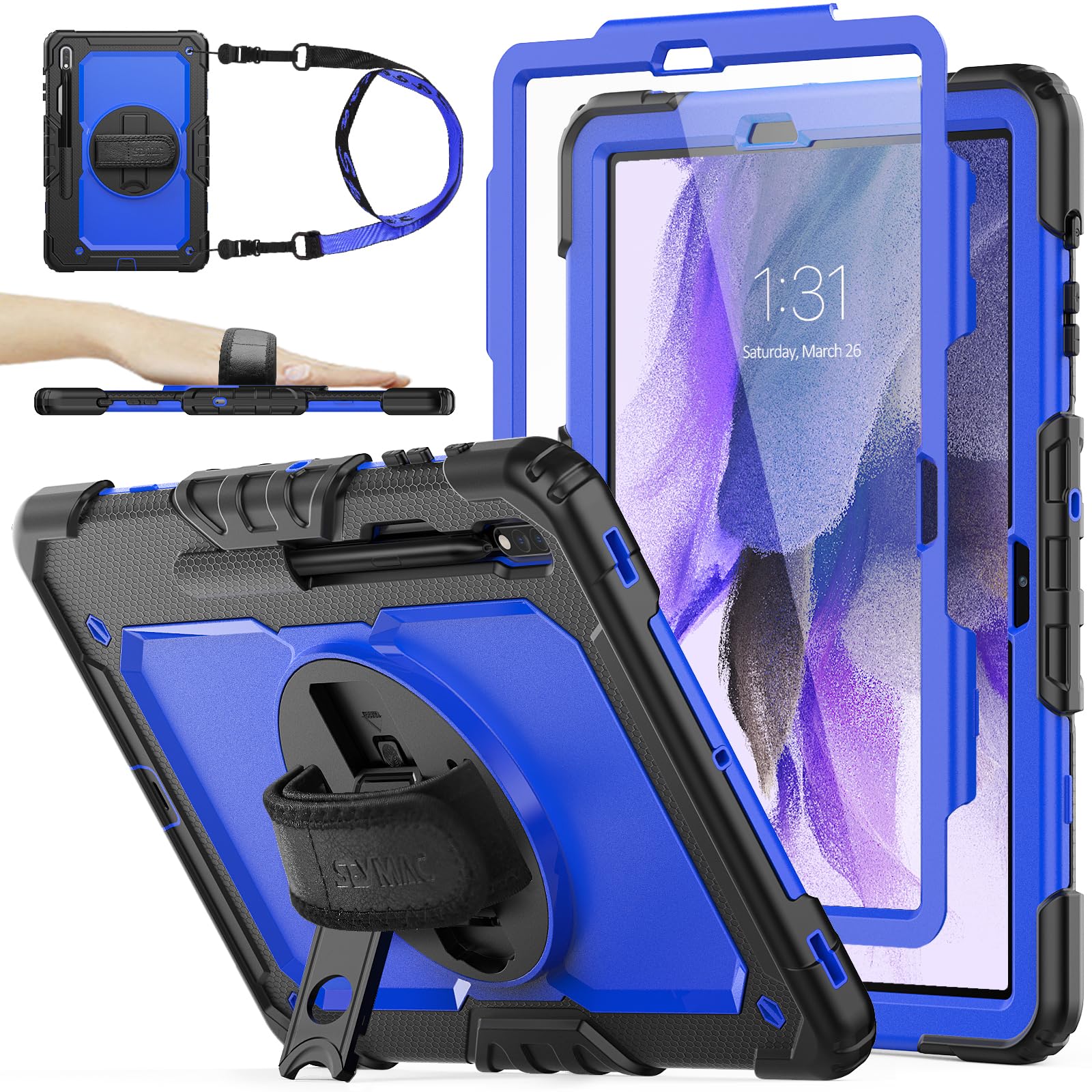 Seymac Stock Case For Samsung Galaxy Tab S8 Plus/ S7 Fe Case 12.4'' With Screen Protector Pencil Holder [360 Rotating Hand Strap