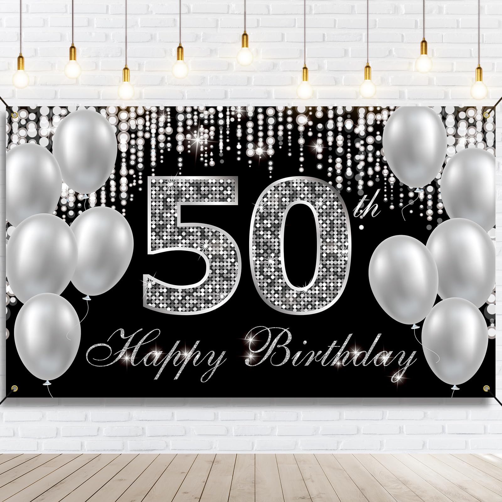 Htdzzi 50Th Birthday Banner Backdrop, Happy 50Th Birthday Decorations For Women Men, Black Silver 50 Year Old Birthday Party Yar