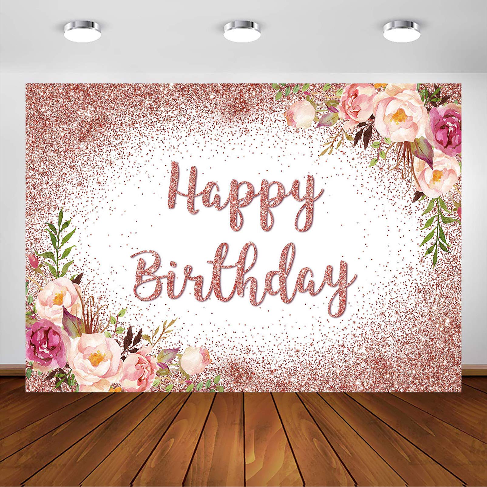 Avezano Rose Gold Birthday Backdrop For Girls Women Happy Birthday Party Photography Background Blush Pink Floral Rose Gold Glit
