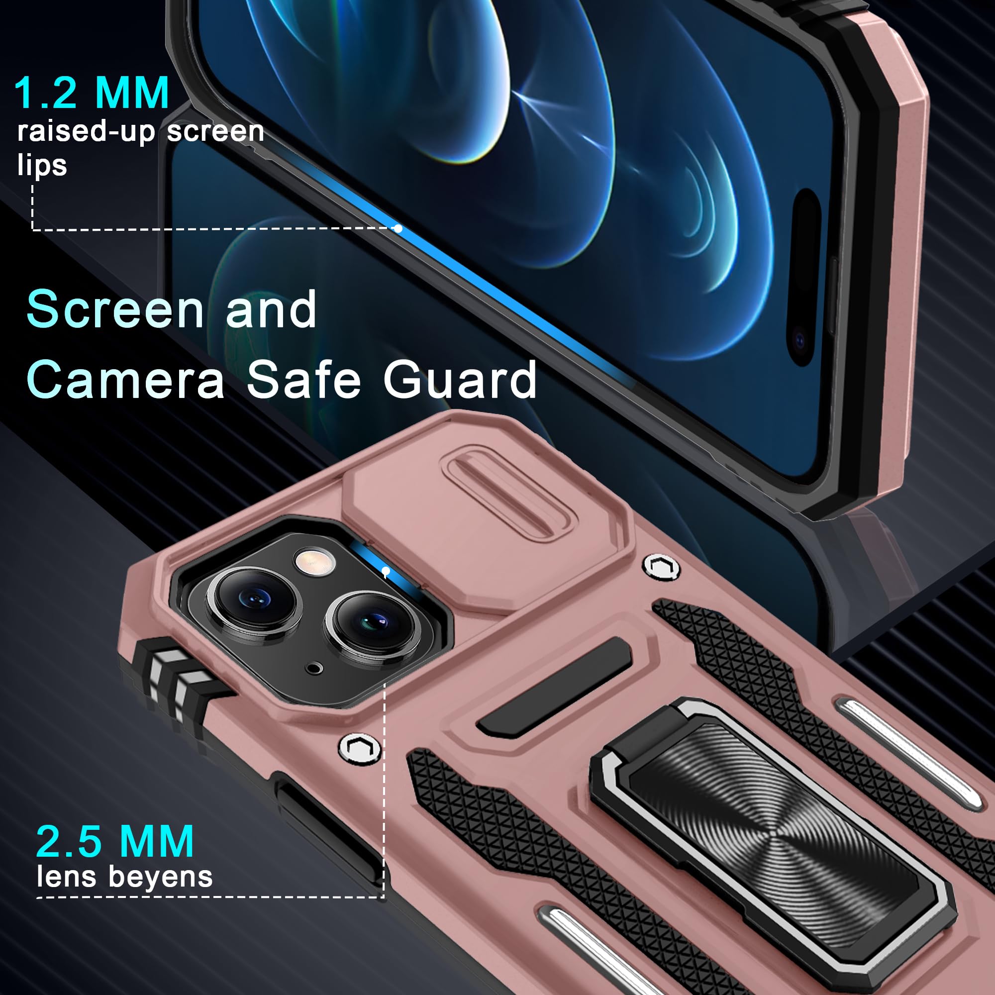 Deerlamn Case For Iphone 15 With Slide Camera Cover + Screen Protector (2 Packs), Rotated Ring Kickstand Military Grade Shockpro