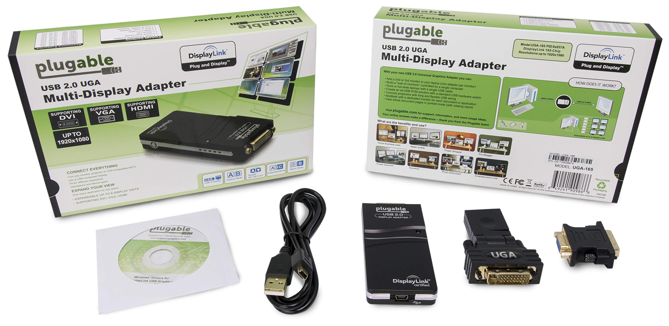 Plugable Usb 2.0 To Dvi, Vga, Or Hdmi Video Graphics Adapter For Multiple Monitors Up To 1920X1080 Supports Windows 11, 10, 8.1,