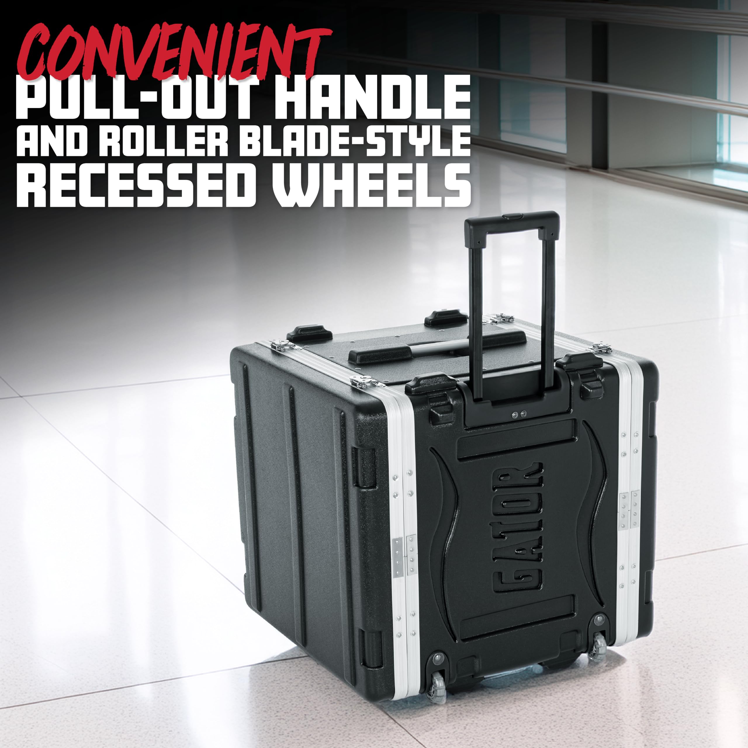 Gator Lightweight Molded 8U Rack Case With Built-In Power Supply, Heavy Duty Latches, Retractable Tow Handle, And Recessed Wheel